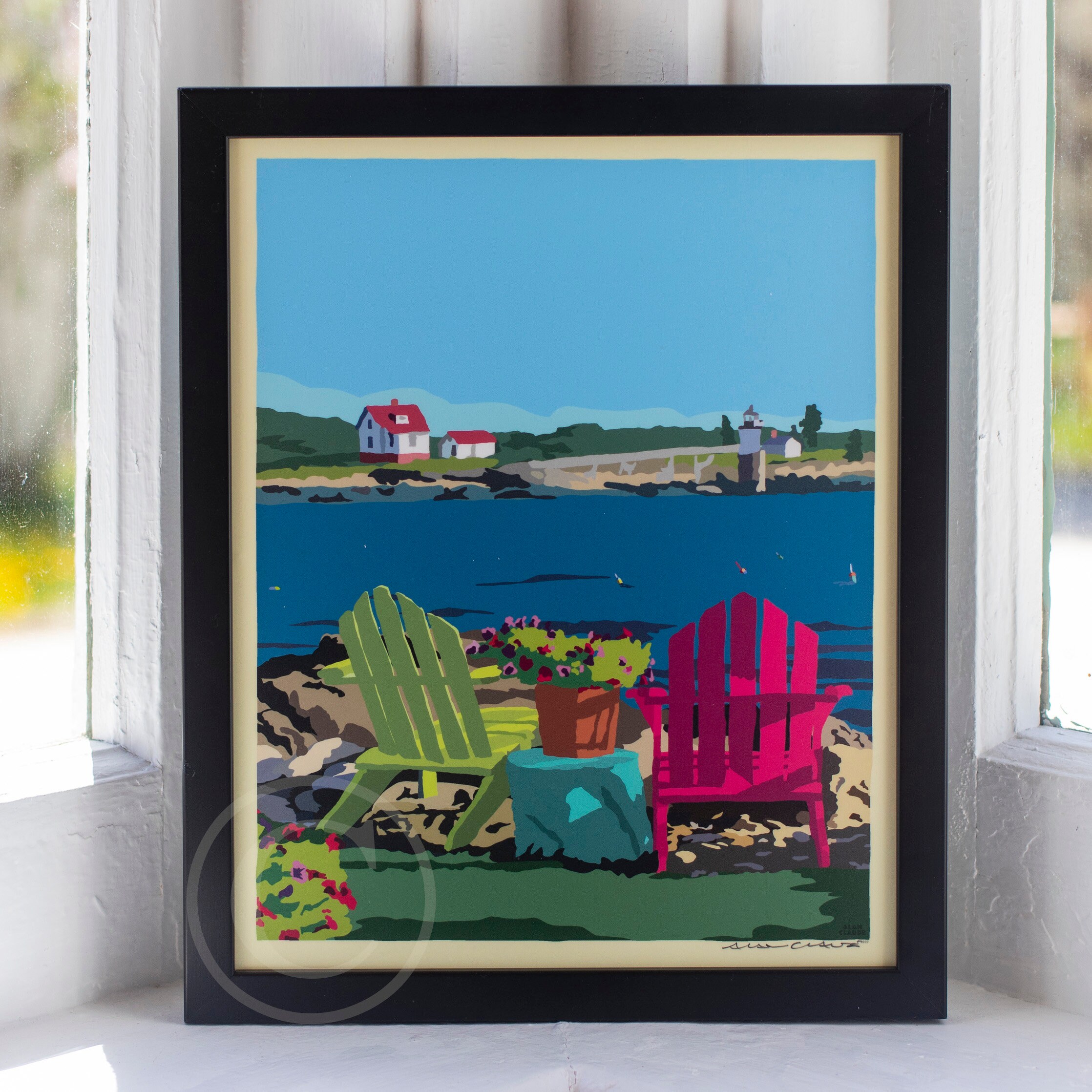 Chairs Over Looking Ram Island Framed Art Print 8 X 10 Wall Poster By Alan Claude - Maine"