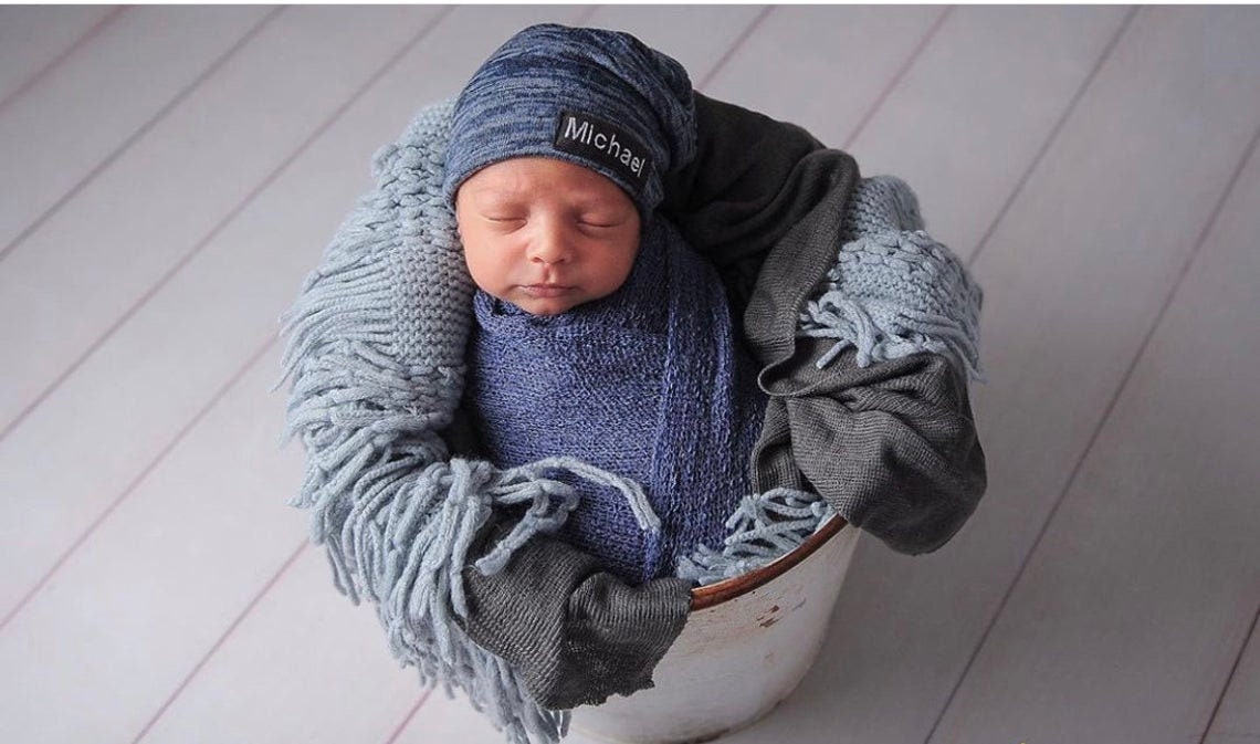 Newborn Slouch Beanie in Blended Denim Blue Sweater Knit