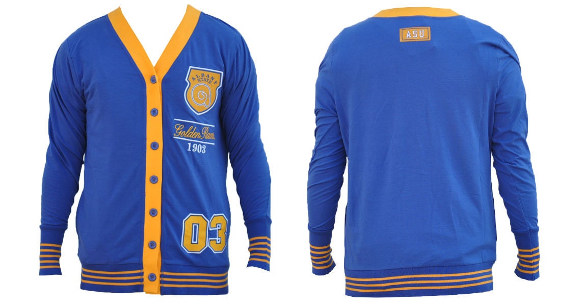 Albany State Golden Rams - Blue Light Cotton/Spandex Cardigan With Yellow Accent
