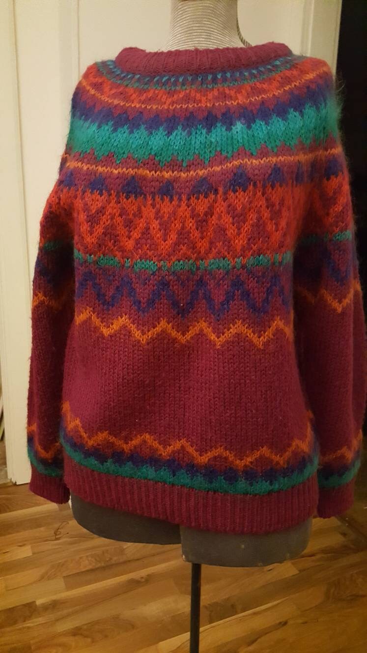 Vintage 1980S Era Women's Wool Blend Sweater. Beautiful Jewel Tones in Fair Isle Design. Hand Loomed. Size S/Small. Free Shipping