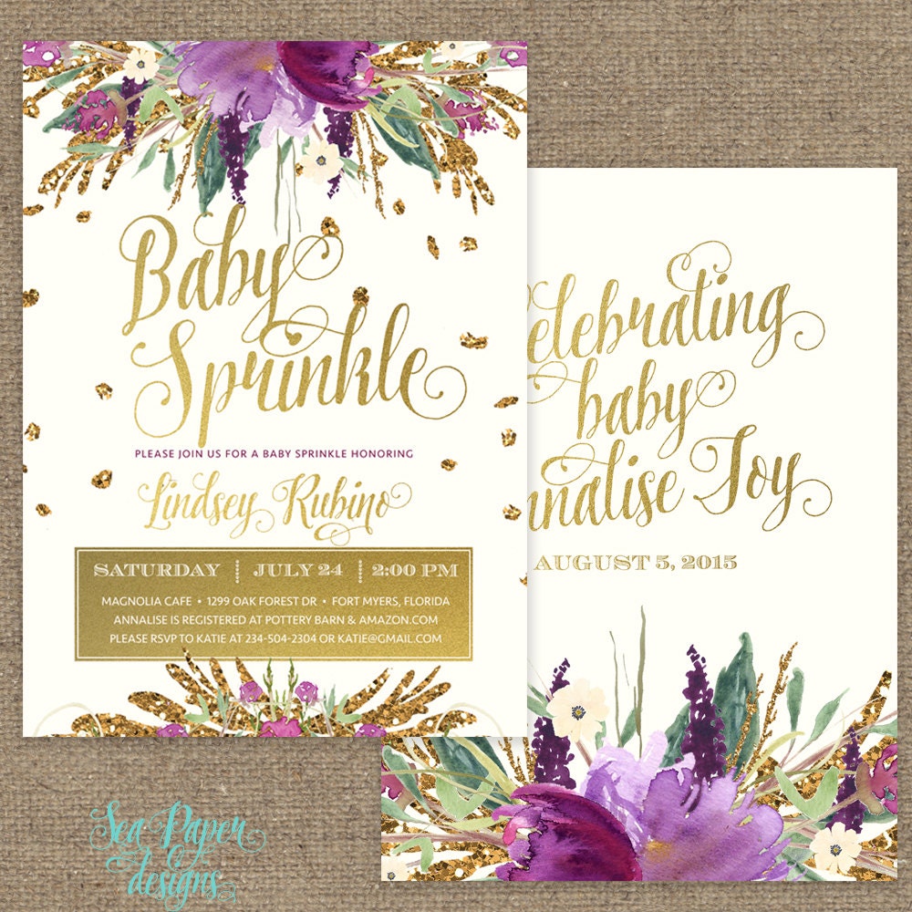 Baby Sprinkle Invitation Girl, Purple Invite, Girl & Gold Confetti - Iris