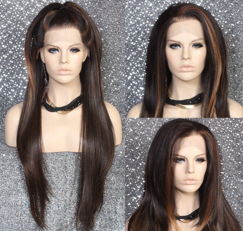 Free Parting Human Hair Blend Full Swiss Lace Front Wig Long Layered Brown Auburn Mix For Everyday Wear