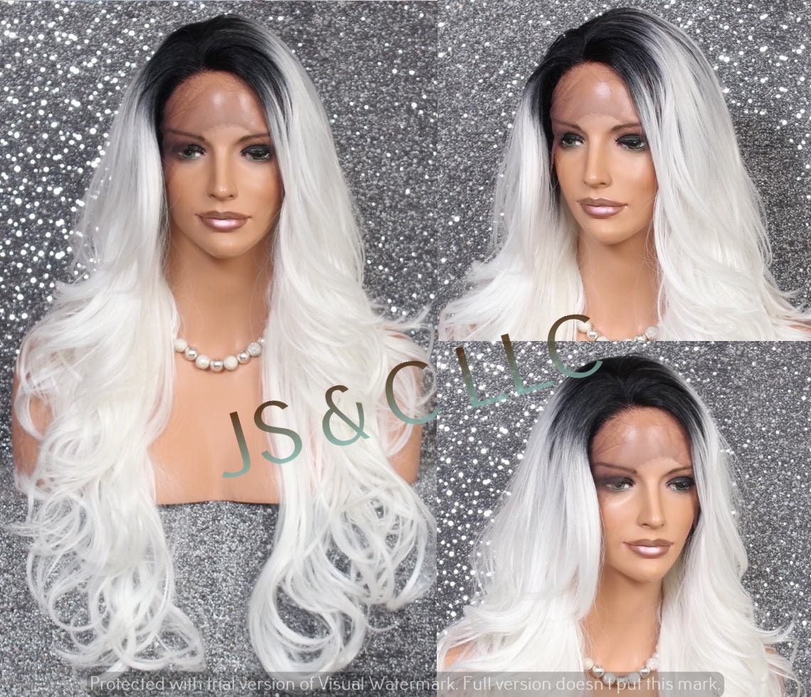Human Hair Blend Black Roots White Wavy Lace Front Wig Heat Safe Side Part Stunning Cancer Alopecia Theater