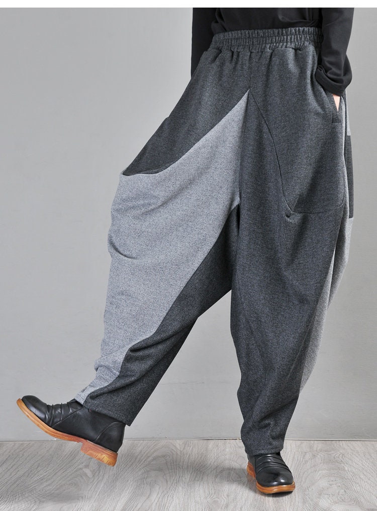 Harem Pants, Woolen Blend Yoga Drop Crotch, Wide Leg & High Waist, Color Block Carrot Pants, Women