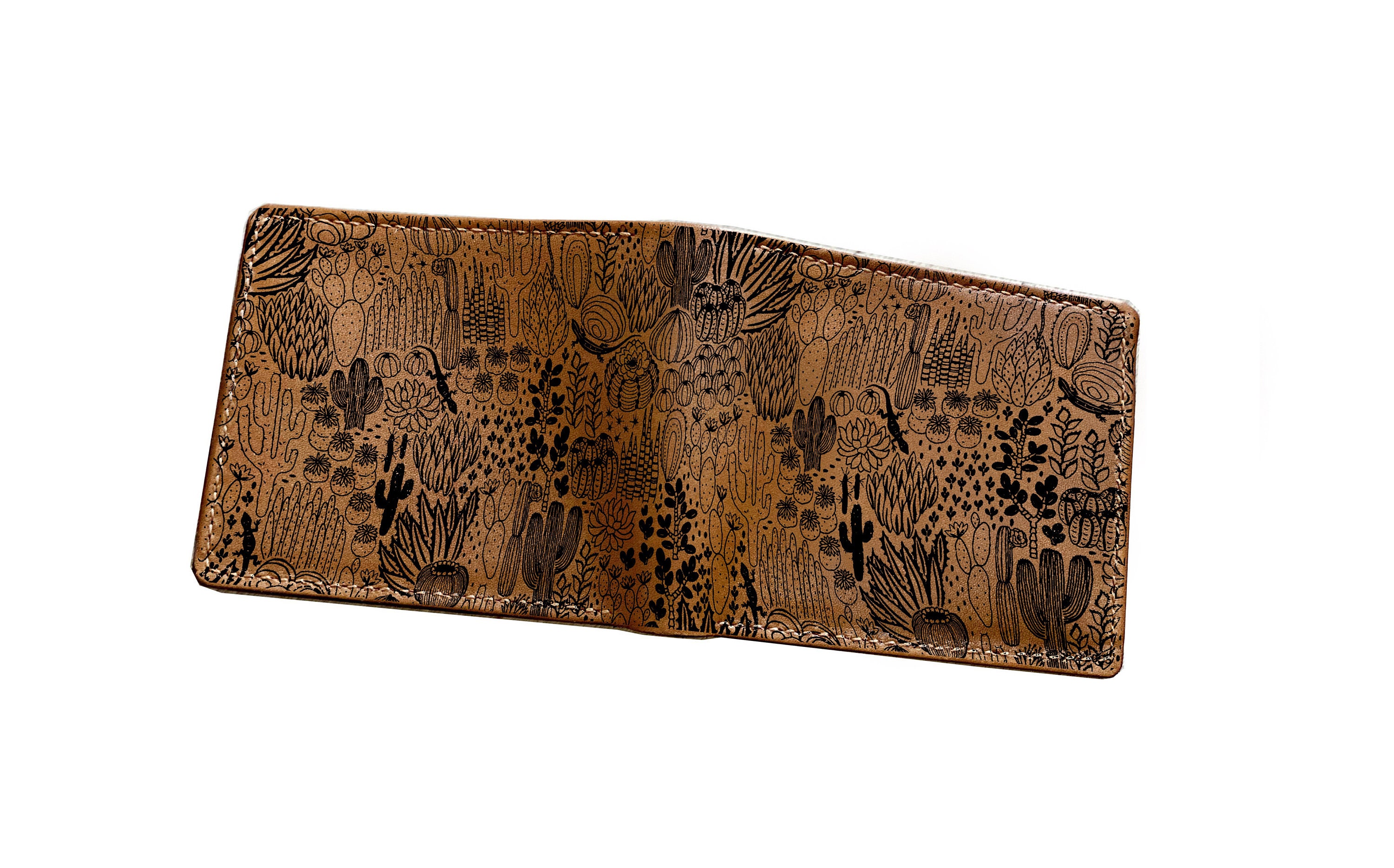Personalized Landscape Men's Wallet, Desert Scene View Leather Handmade Tree Pattern Gift For Him
