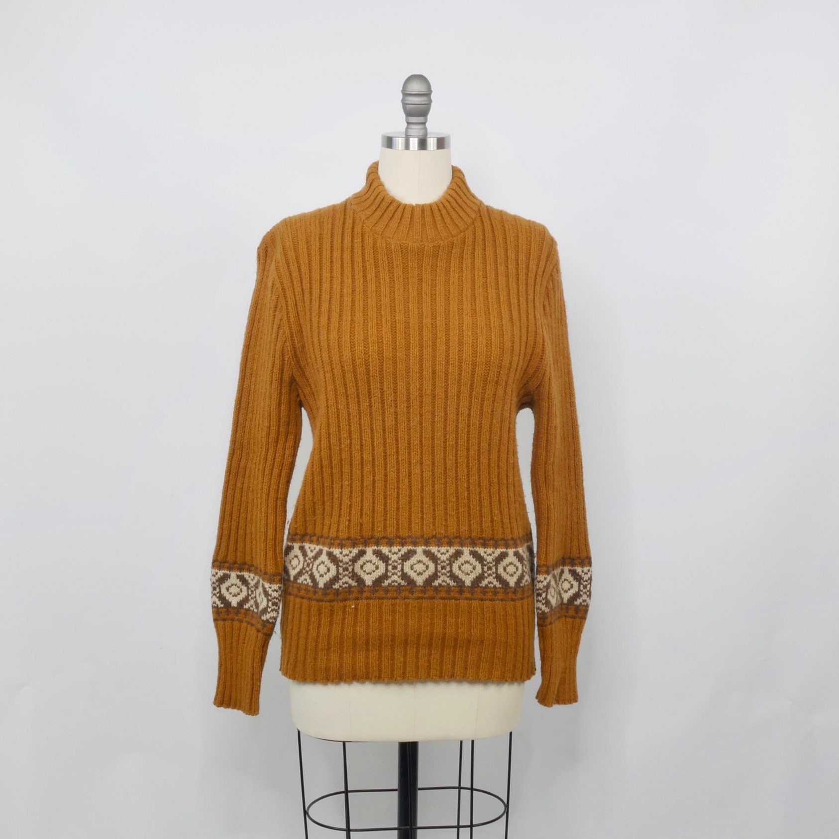 Butterscotch Wool Blend Fair Isle Print 70S Vintage Ski Sweater Scandinavian Pullover Jumper