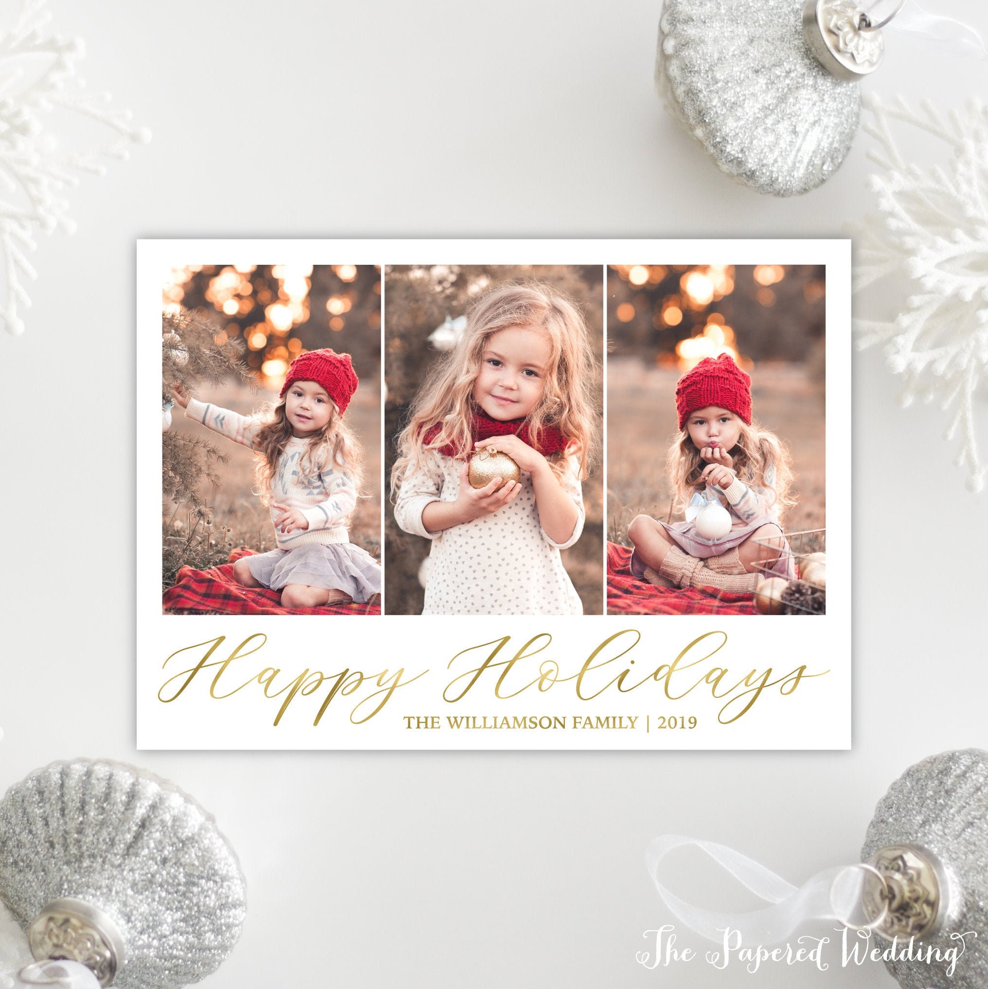 Printable Or Printed Happy Holidays Cards With Three Pictures - Photo Cards, Vertical Christmas 071 P3