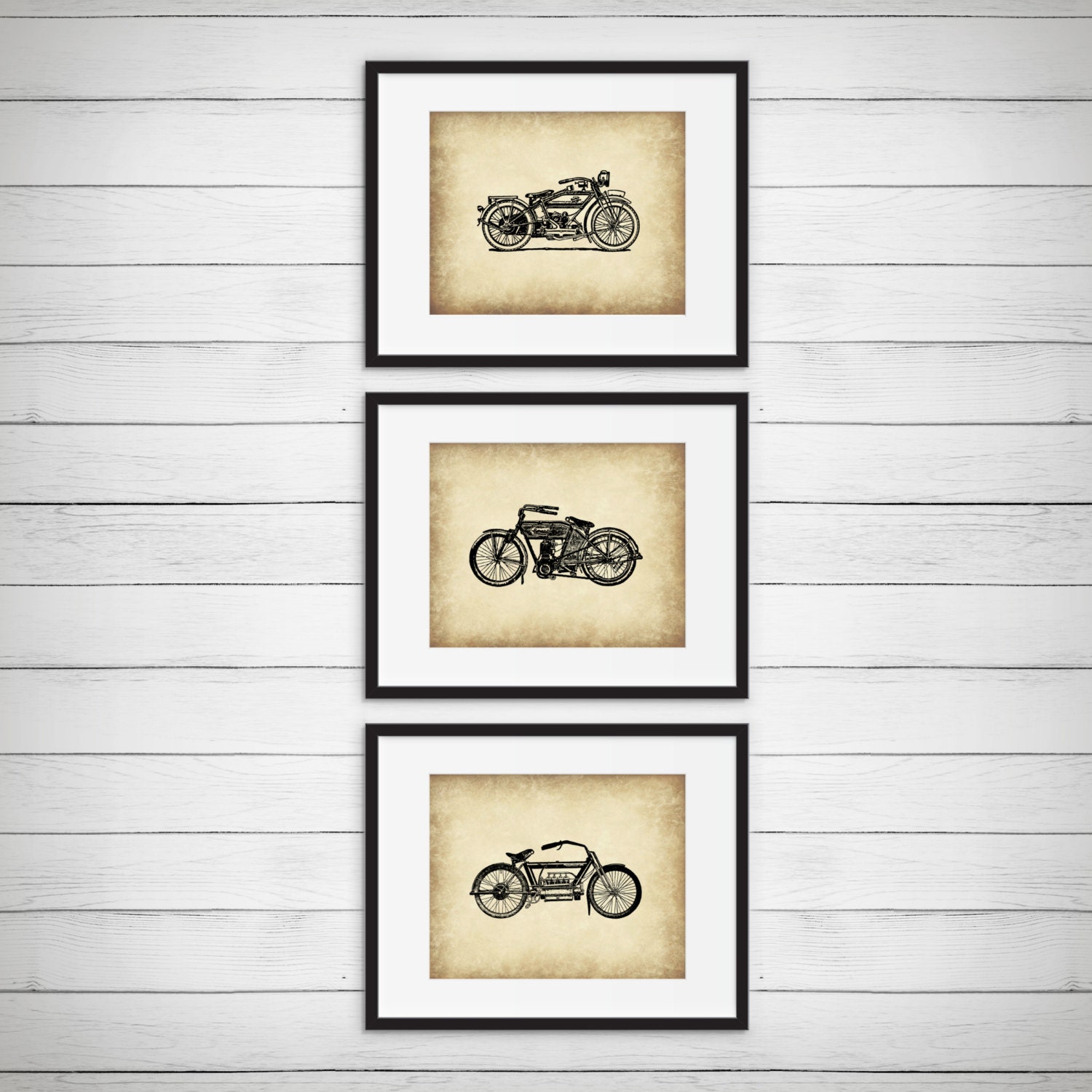 Classic Motorcycle Art - Boys Room Vintage Artwork Wall Garage Decor Antique Print Set Of 3 Prints
