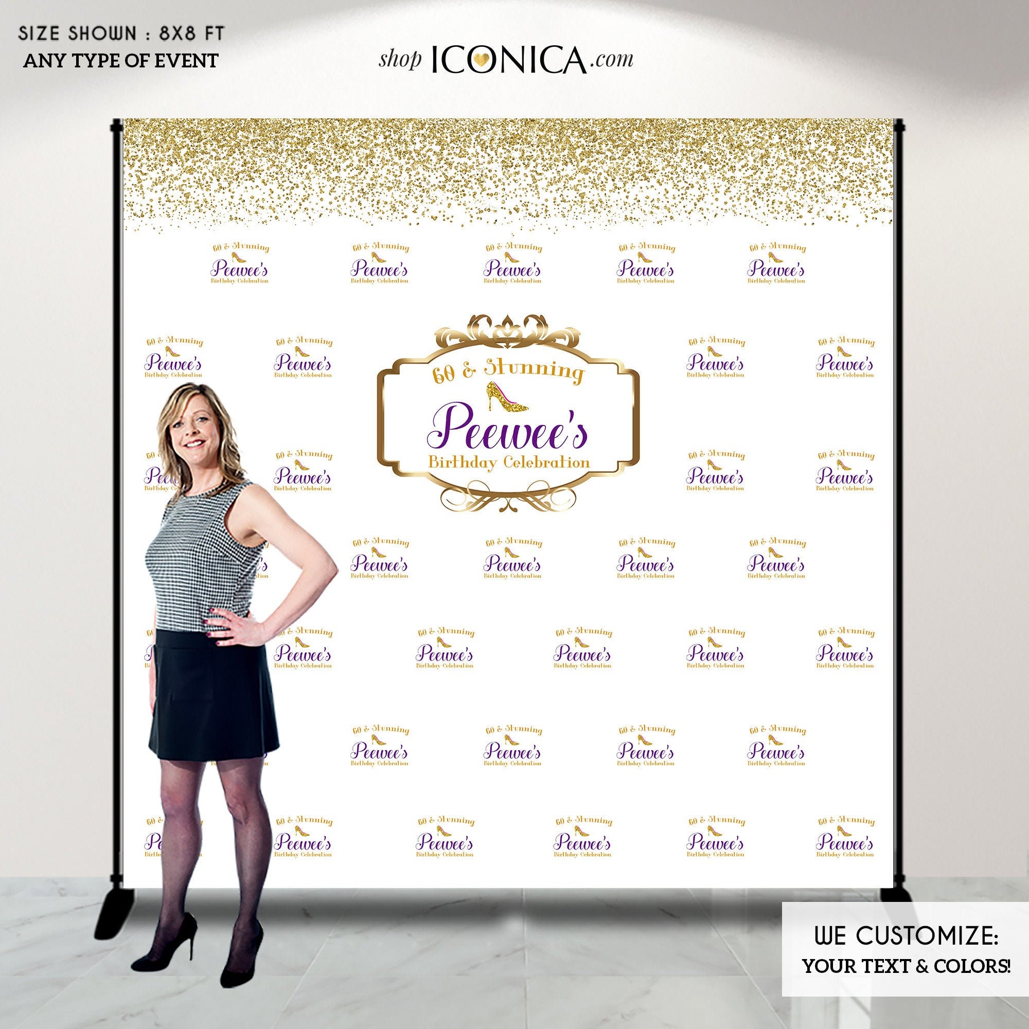 Birthday Photo Booth Backdrop Sixty & Stunning 60Th Or Any Age, High Heel Step & Repeat Backdrop, Printed Printable Bbd0022