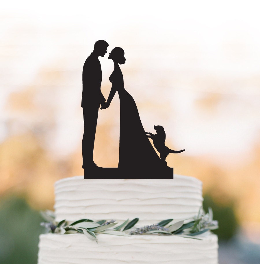 Wedding Cake Topper With Dog, Hair Up Bride, Bride & Couple Kissing Cake Topper, Long Dress Silhouette, Dog