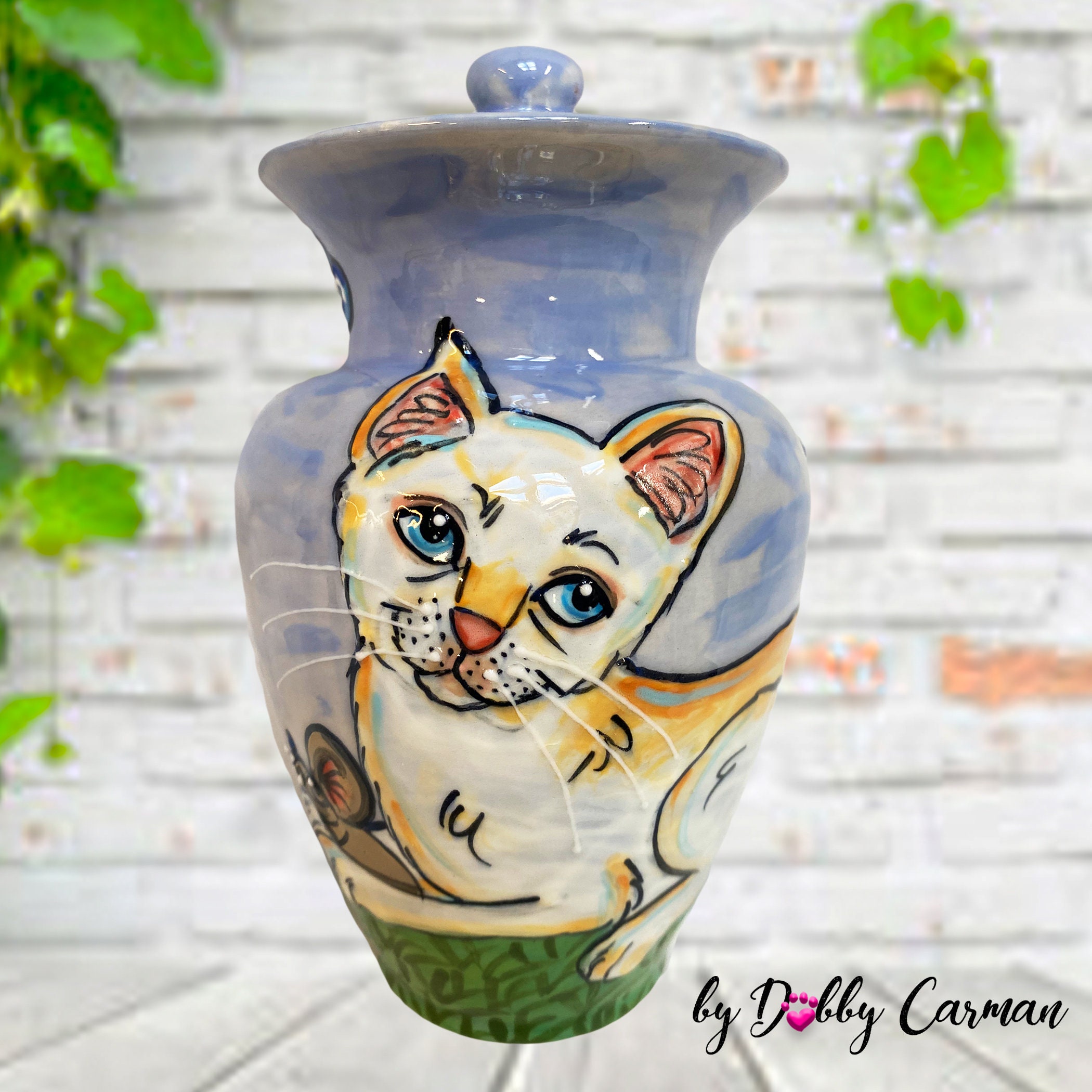 Hand Painted Small Cat Burial Urn - Customized Ceramic Resting Place with Kitty's Portrayal For Beloved Pet Ashes/Cremains. Memorial Keepsake