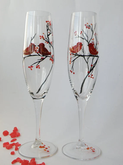 Vintage Crystal Fluted Champagne Glasses 2 Etched with Hearts and Love Birds