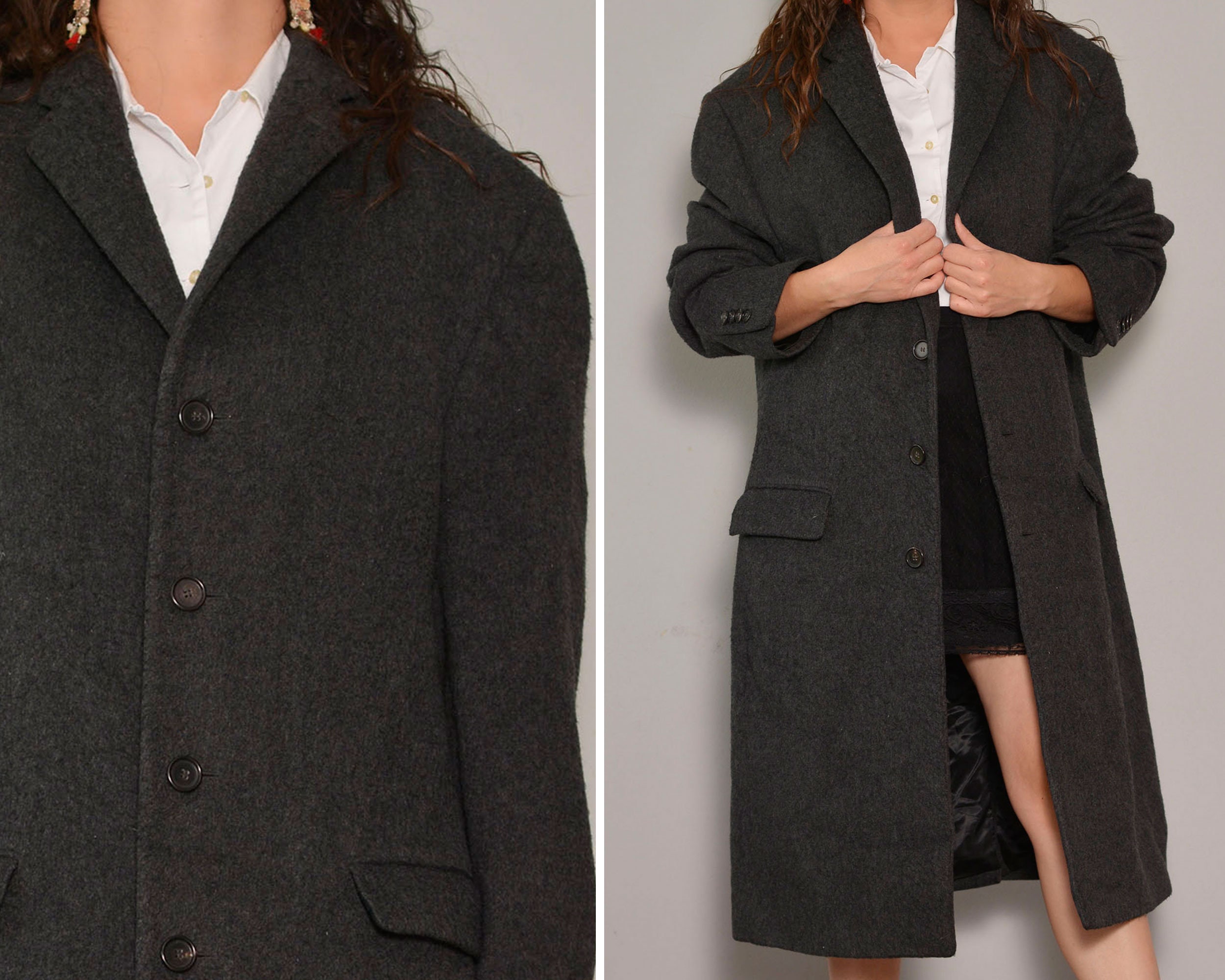 Dark Grey Wool Cashmere Blend Coat | Warm Classic Mens Winter Elegant Minimalist Flap Pockets 90S Vintage Large Xl