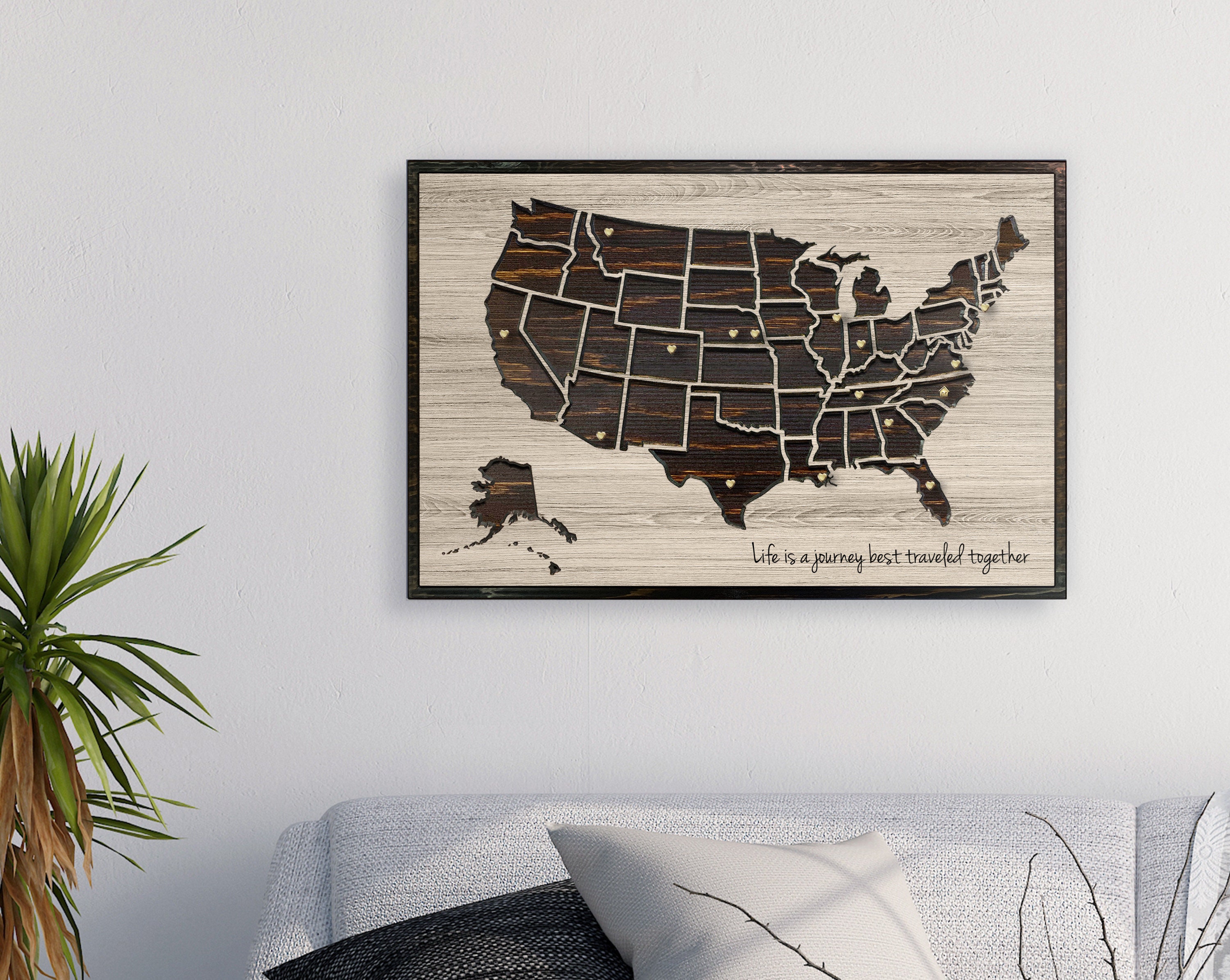 Life Is A Journey Best Traveled Together, Push Pin Friendly Map To Track Travel, Wood Us Wall Art, 3D Carved States, Made in America