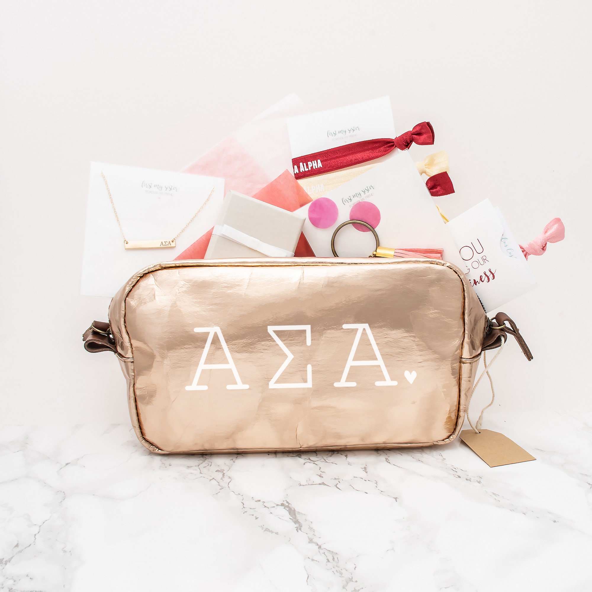 Alpha Sigma Gift Set, Asa Sorority Gifts Bundle, Greek Pack With A S Cosmetic Bag, Bar Necklace, Rings, Hair Ties & Keychain