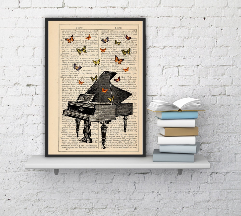 Wall Art Prints Spring Decor Butterflies Over Piano Collage Print On Vintage Dictionary Page - Book Print Bfl086