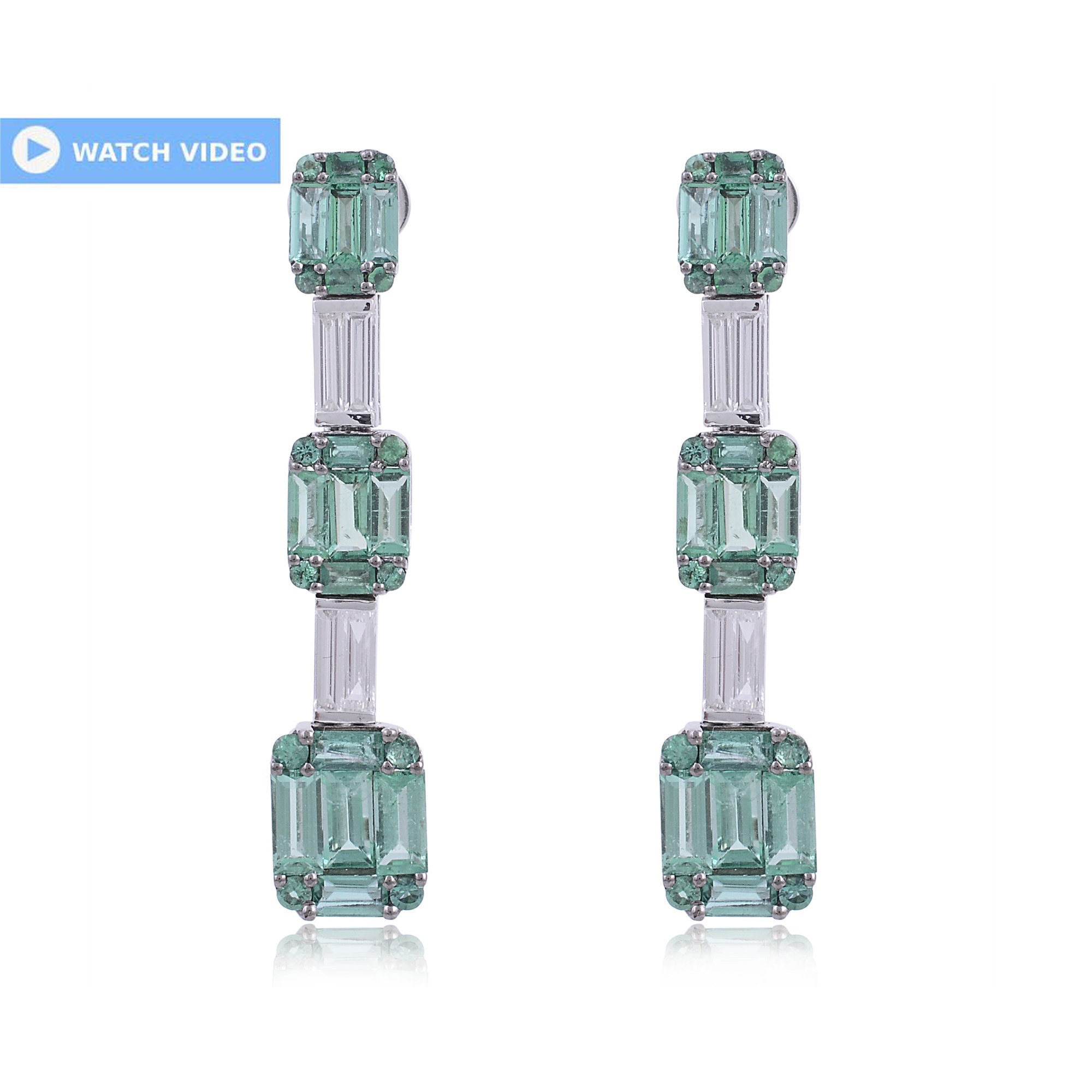 Genuine Diamond Dangle Earrings Baguette Emerald Hi/Si Clarity Solid 14K White Gold Handmade Fashion Jewelry