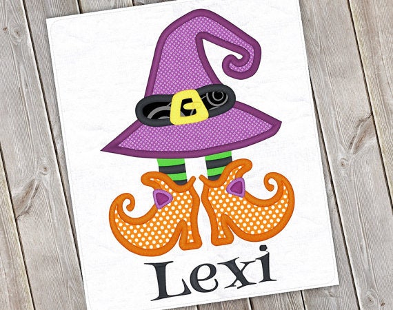 Personalized Halloween Girly Witch Hat With Shoes Applique Shirt Or Bodysuit For Boy Girl