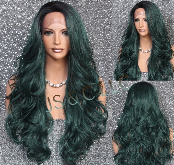 Full Lace Front Wig Human Hair Blend Long Wavy Layered Green Emerald Mix Cancer/Alopecia/Cosplay