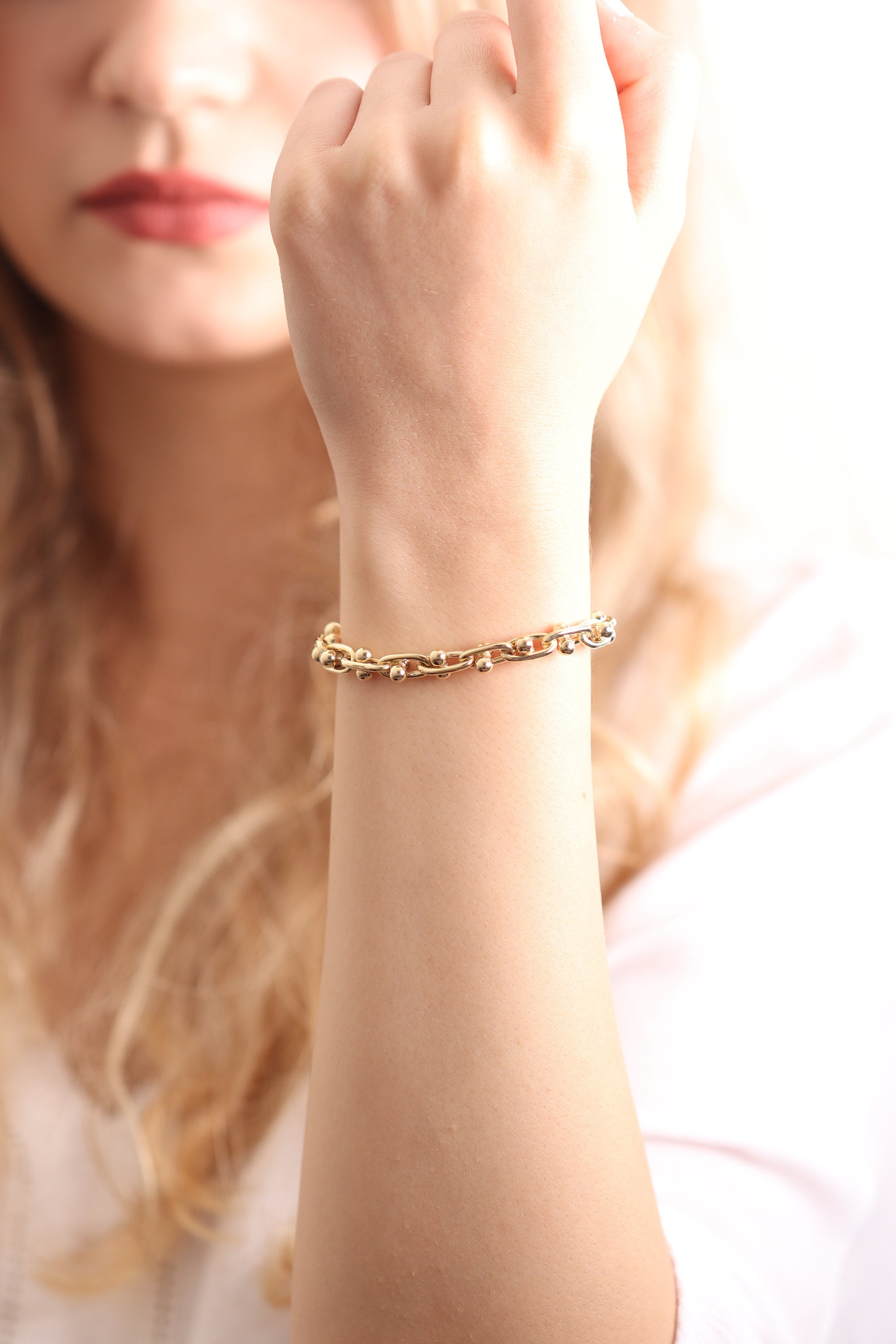 14K Gold Bold Link Bracelet/Handmade Chain Available in Gold, Rose & White