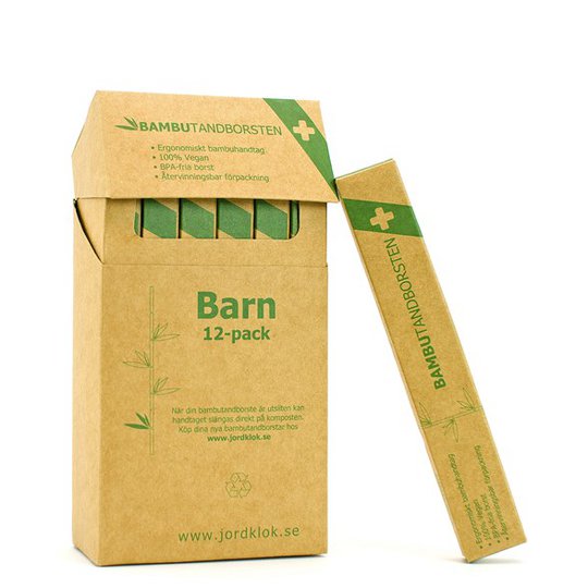 Bambutandborsten Ergonomisk Barntandborste i bambu - Mjuk, 12-pack