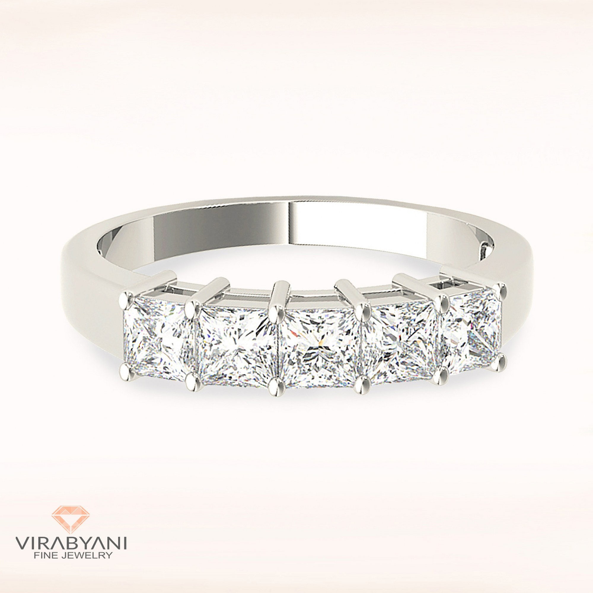 1.30 Ctw Princess Cut Diamond Wedding Band - 14K/18K Solid White Gold/Platinum | Prong Set 5 Stone Anniversary Ring