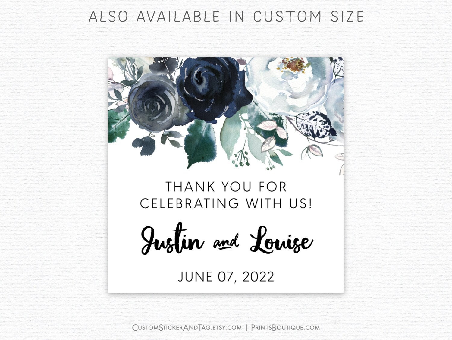 Thank You For Celebrating With Us Personalized Square Labels, Navy Charcoal & Light Blue Flowers, Wedding Stickers, Favor Labels | S-163