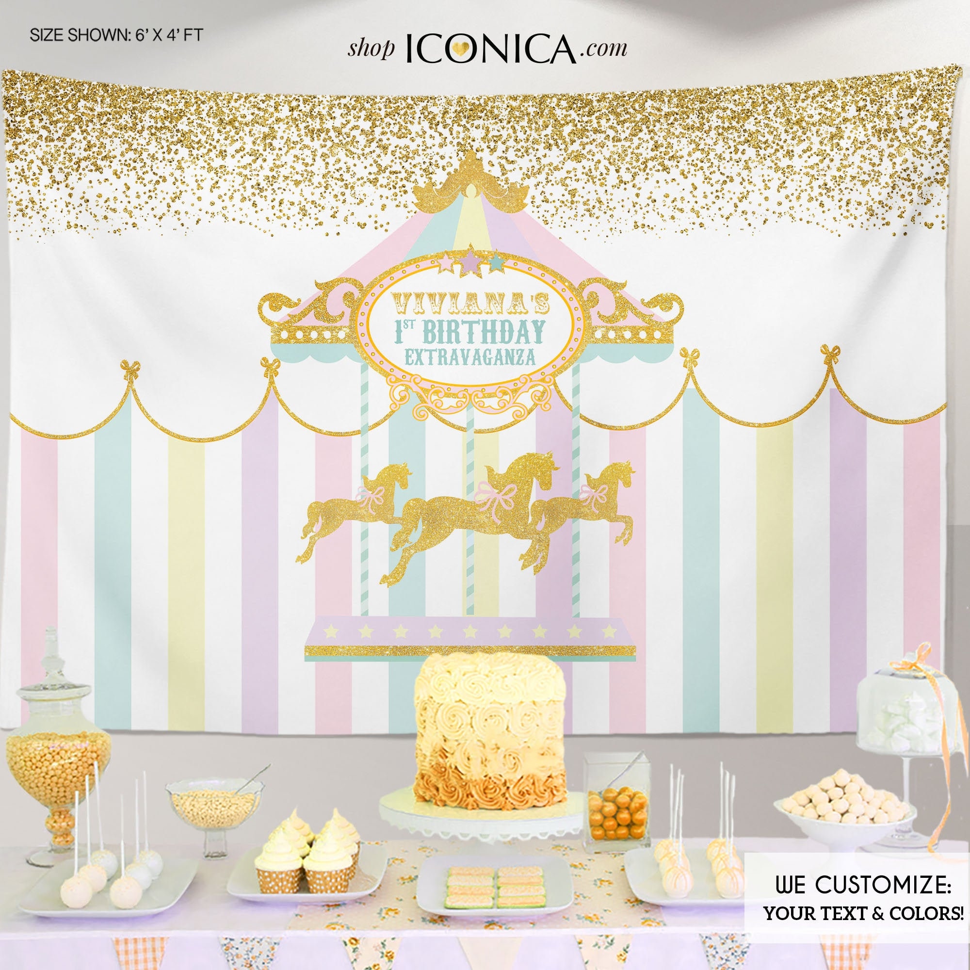 Carousel Party Backdrop First Birthday Any Age Girls Baby Shower Banner Girl Circus Pastel Colors Printed Or Printable Bbd0005