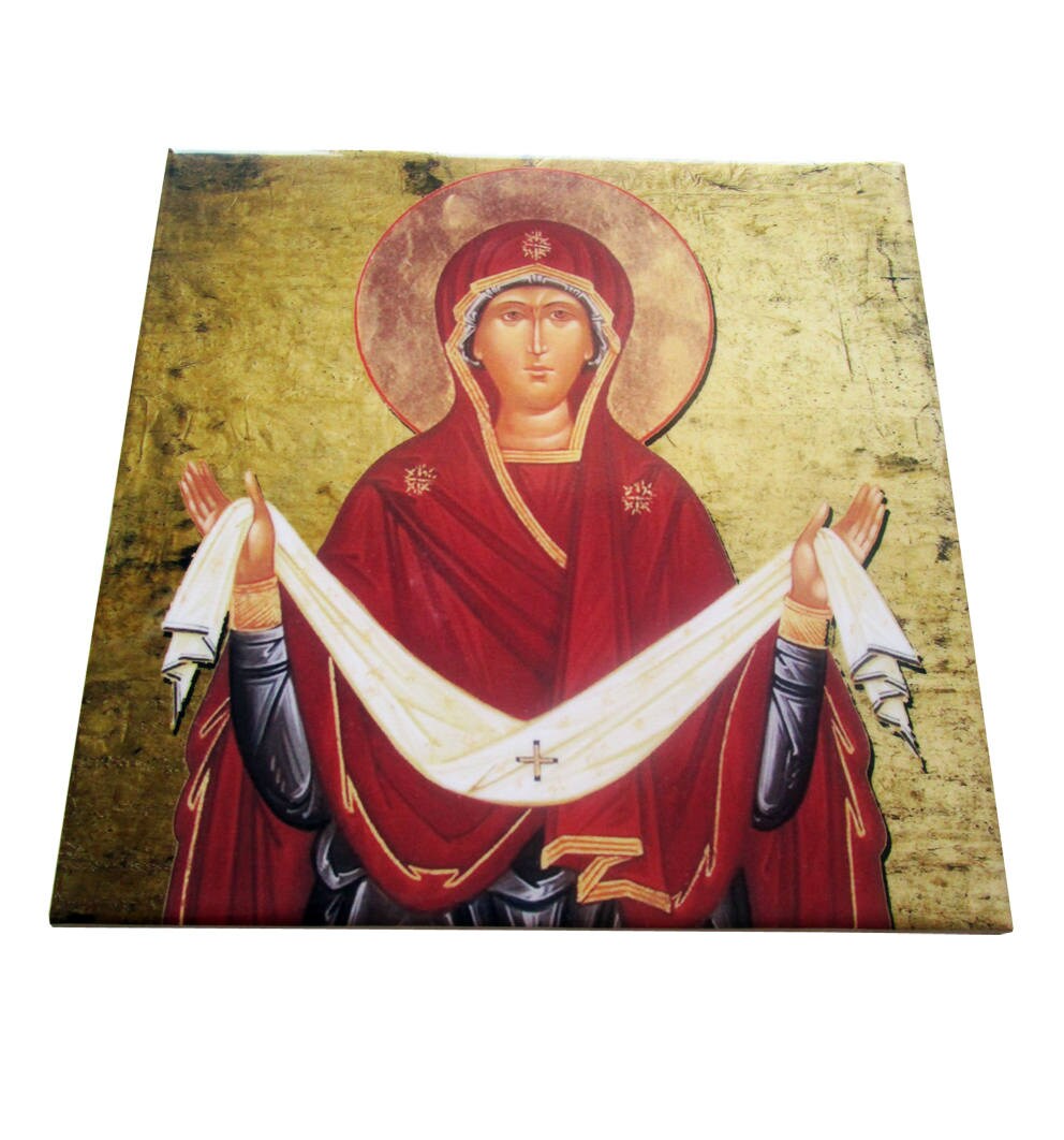 Theotokos - Mother Of God Religious Icon On Ceramic Tile Virgin Mary Icon Pokrov Christian Art Orthodox Byzantine