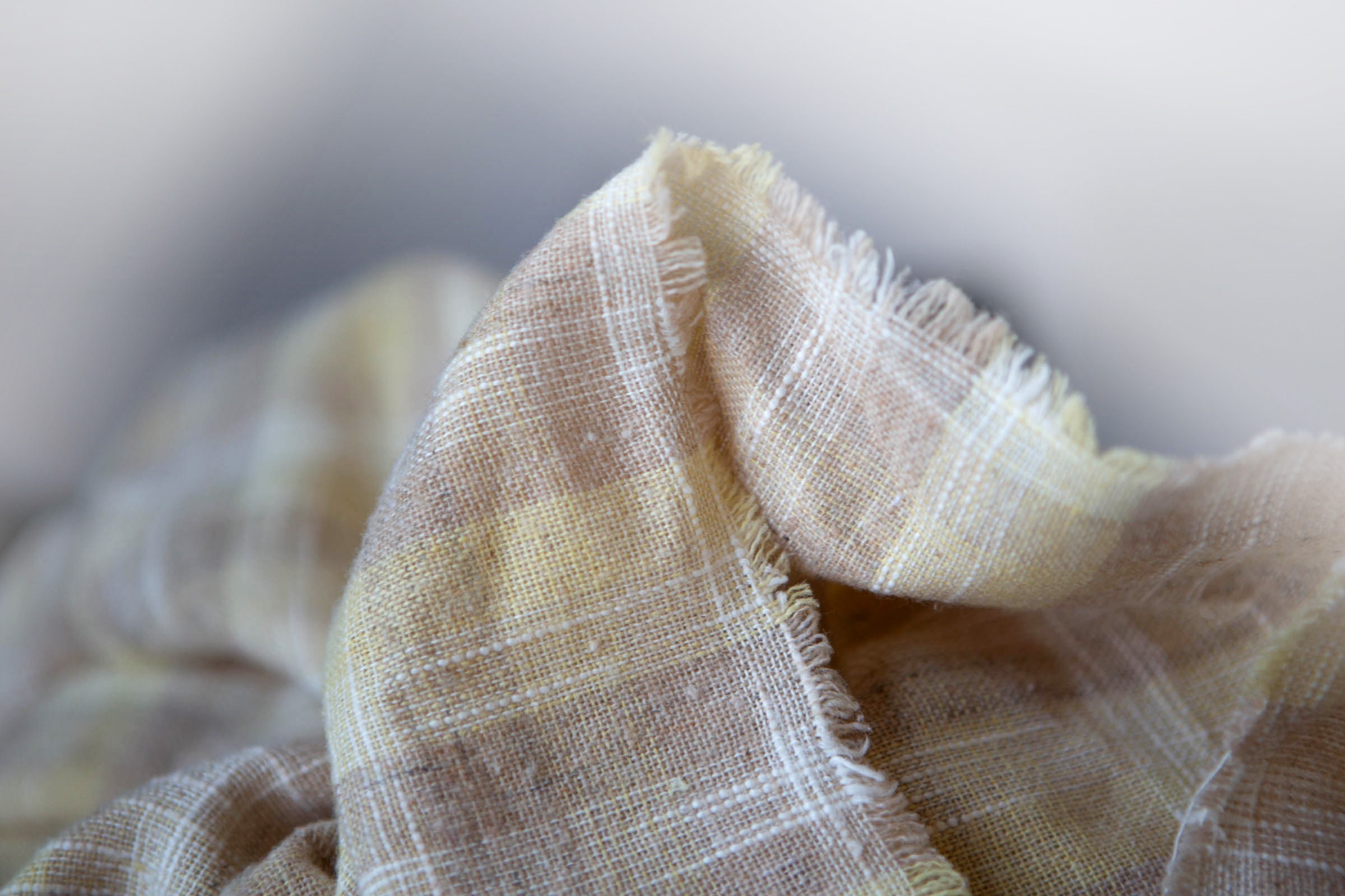 Vintage Wool Synthetic Blend Woven Plaid Lightweight Fabric - Pale Yellow & Beige Checked Pattern. Nubby Textured