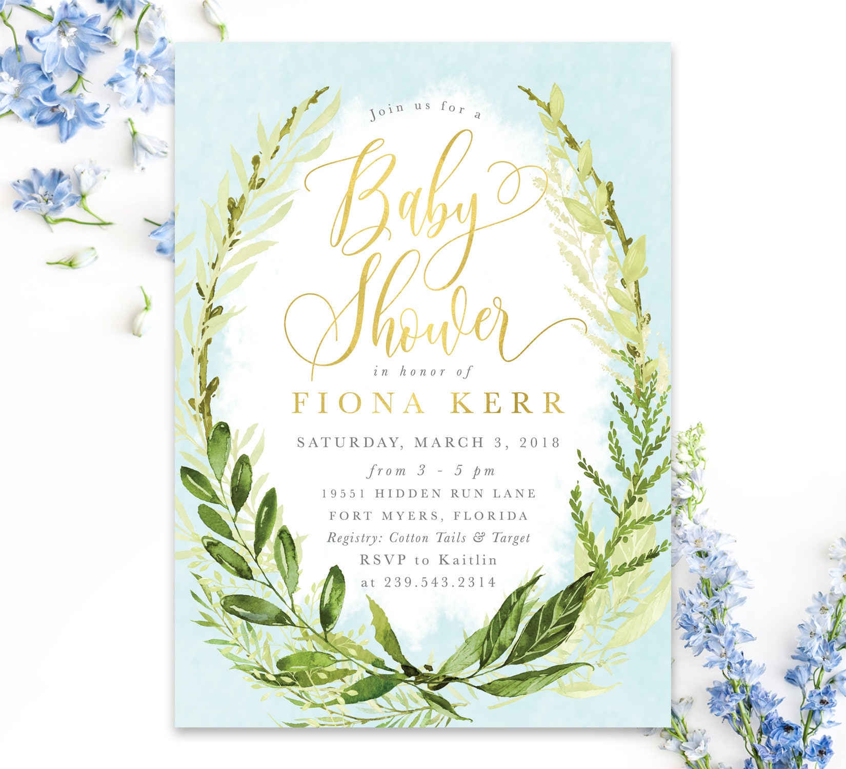 Greenery Baby Shower Invitation, Boy Invite, Rustic Greenery, Blue & Gold, Printed Or Printable - Fiona