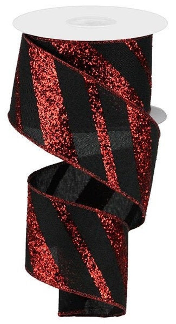 Black Red Diagonal Glitter Stripes Royal Christmas Wired Ribbon By The Roll 2.5 X 10 Yard Roll Rga150302