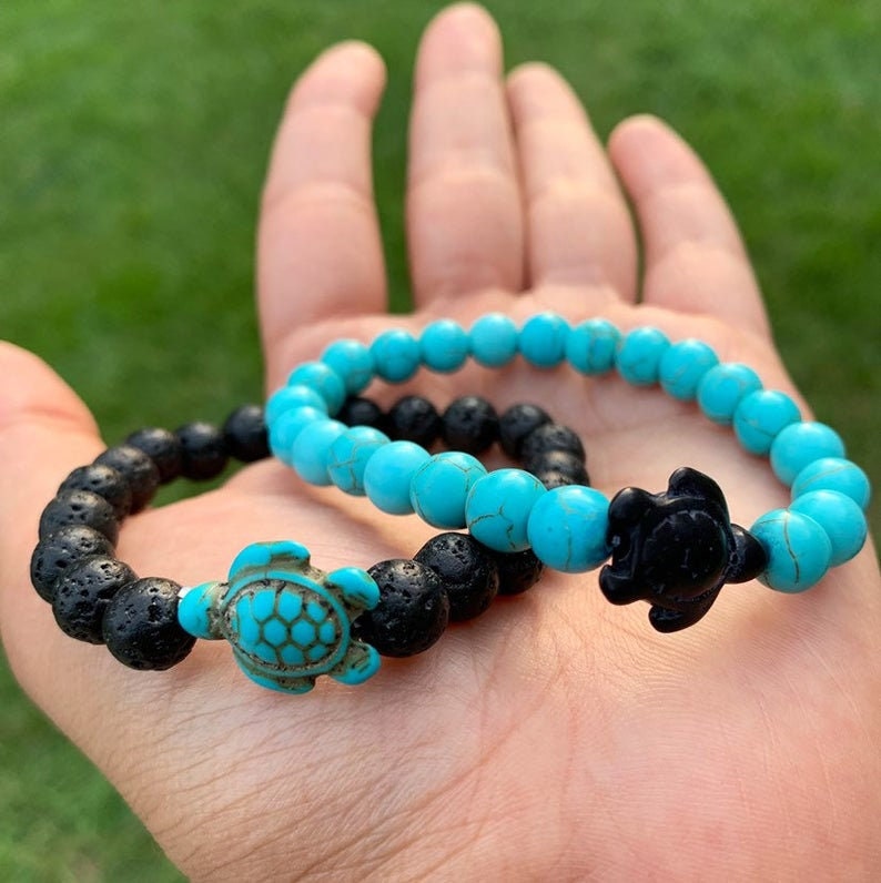 Sea Turtle Bracelets Black/Turquoise - 2 Pc Gift Set Lava Stone Bead Turquoise Bead Bracelet