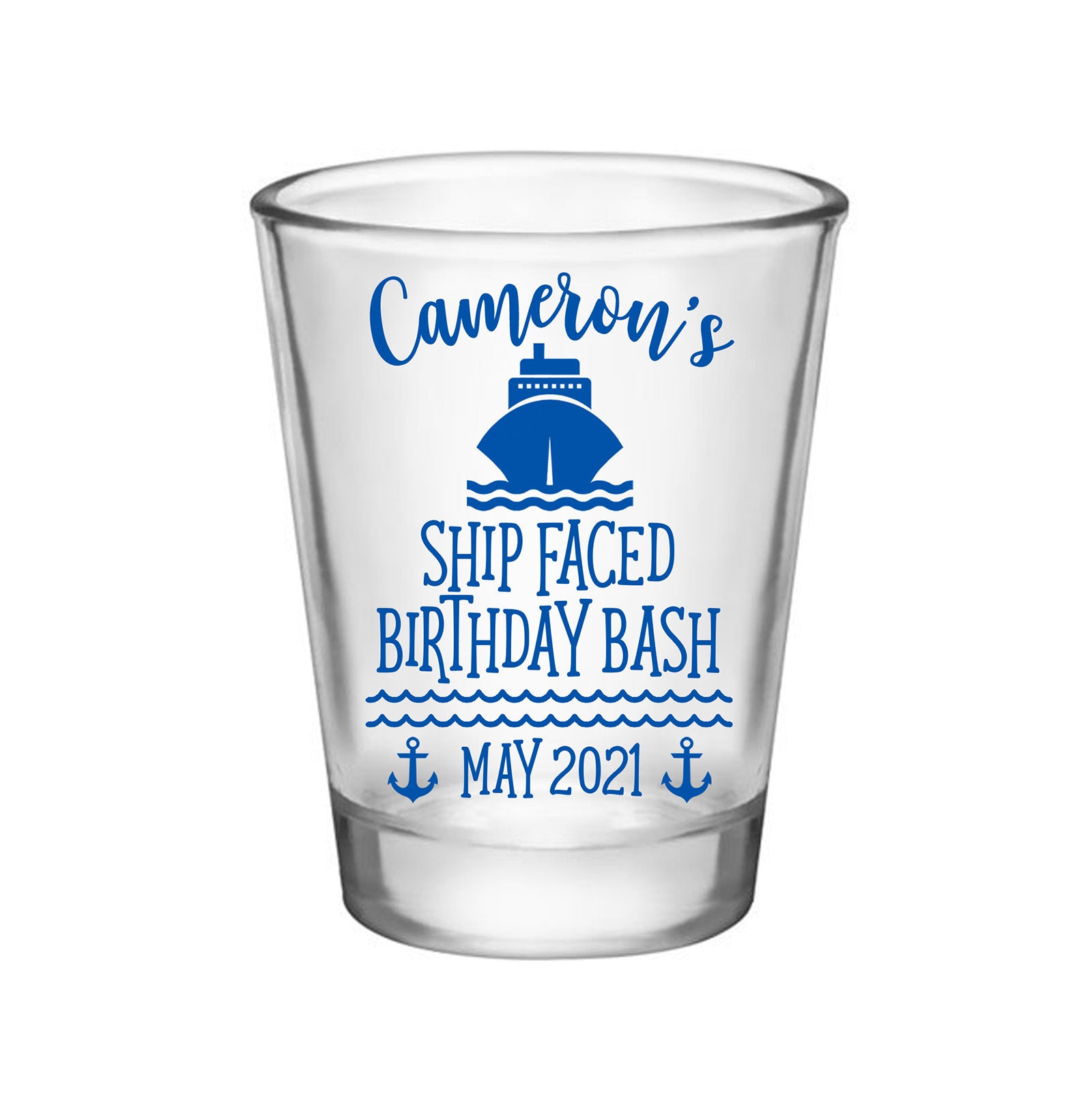Clear/Frosted Nautical Birthday Party Favors Boat Gifts Personalized Shot Glasses | Ship Faced 50 Print Colors Any Age