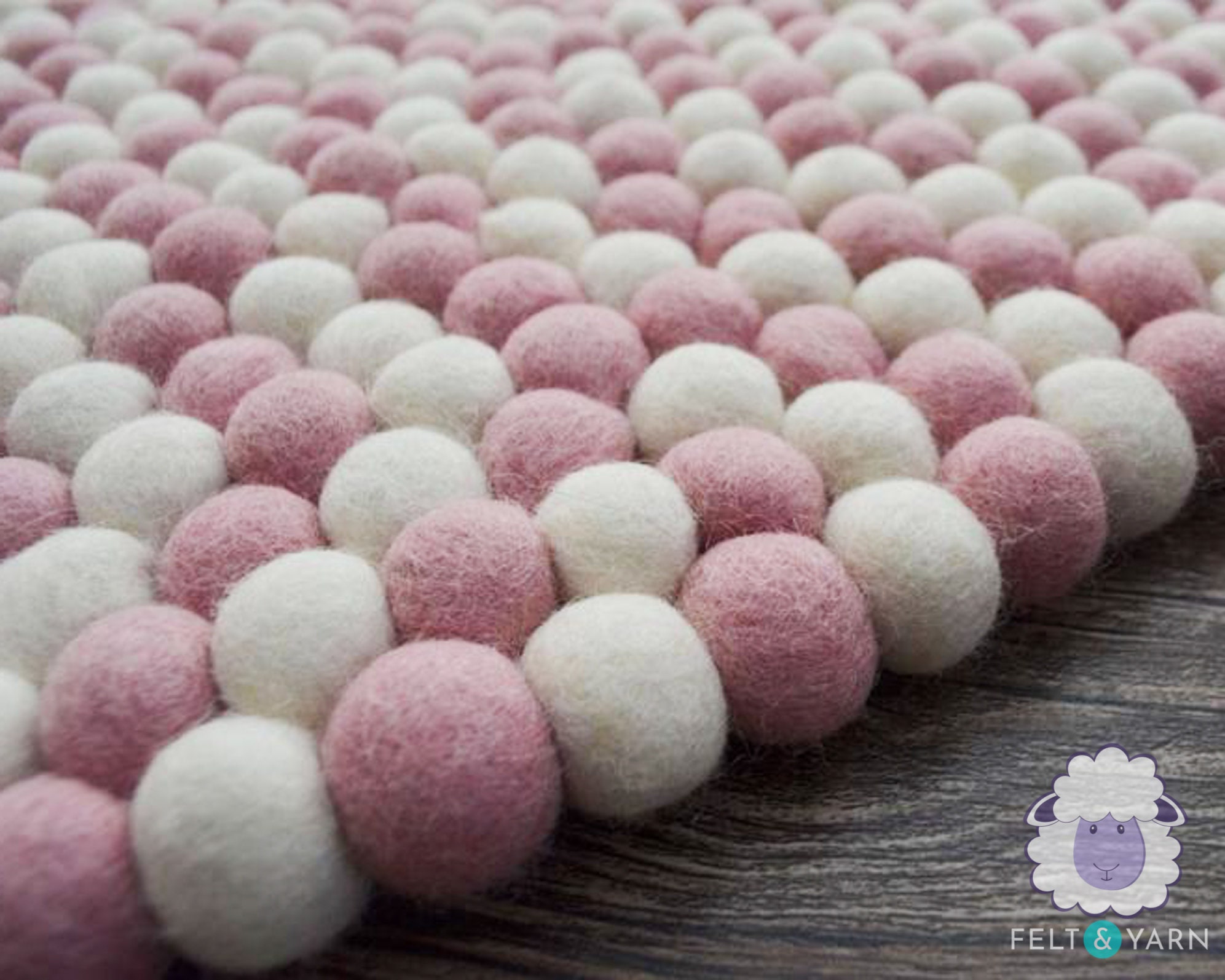 40cm Pink & White Wool Felt Ball Rug Hand Felted Round, Rectangular Carpet To Decor Room Rugs Fair Trade & Ethically Handmade