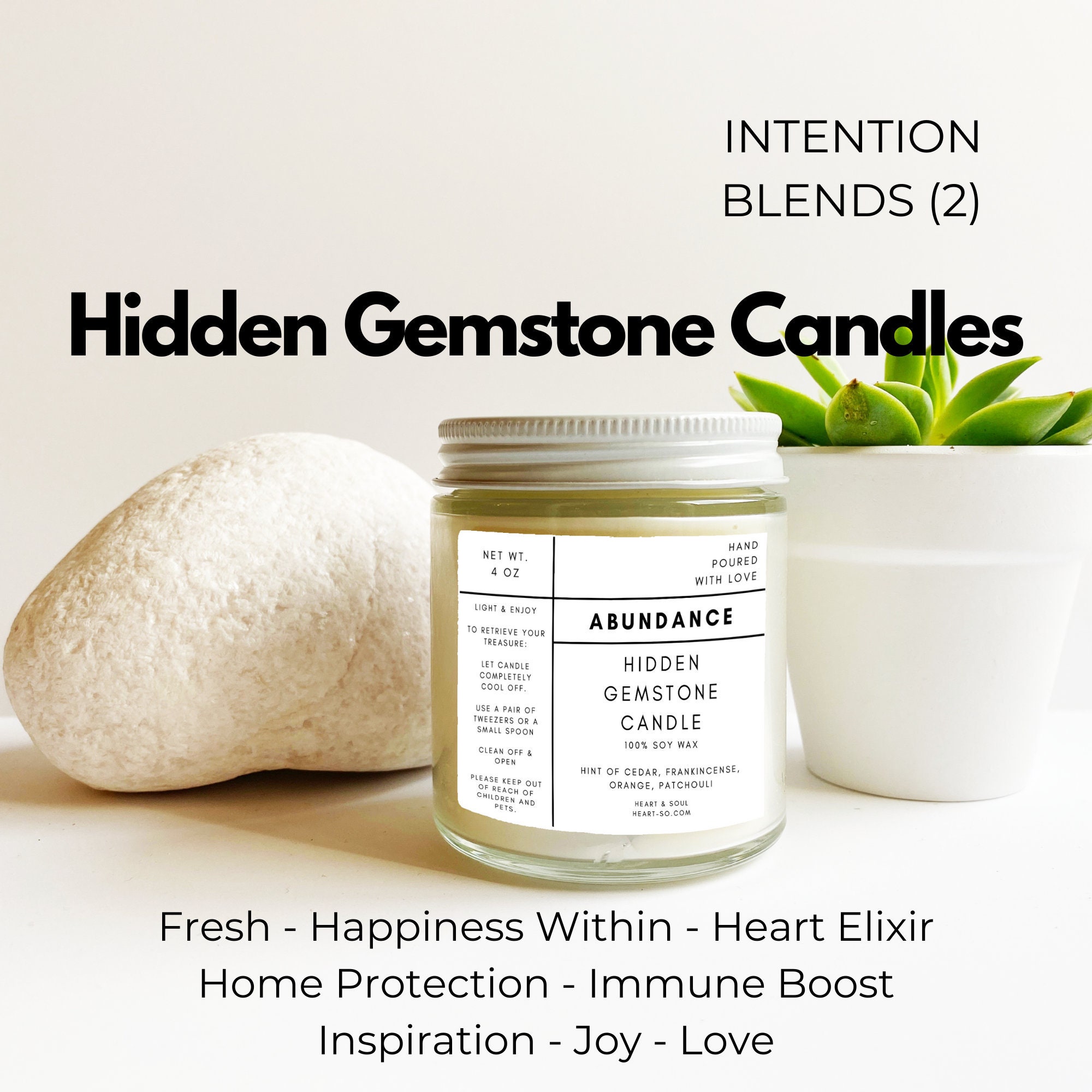 Intention Blends | 2 - Fresh To Love 4 Oz Hidden Gemstone Soy Wax Candle, Lightly Scented, Natural Essential Oils, Treasure