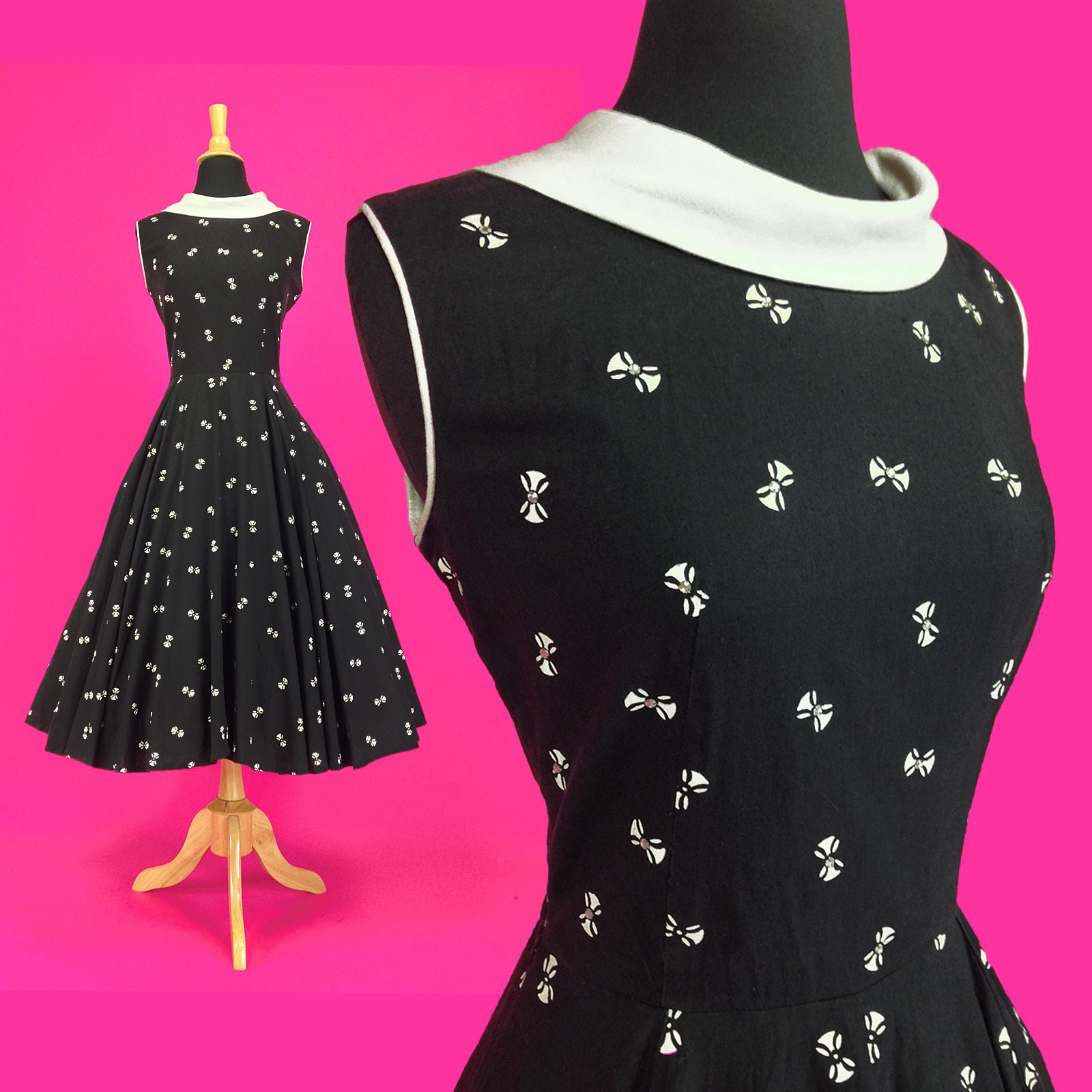 Vintage 50S Novelty Print Dress, 1950S Cocktail Pin Up Swing Rockabilly Full Skirt, Small, Size 4 6 Us, 8 10 Uk