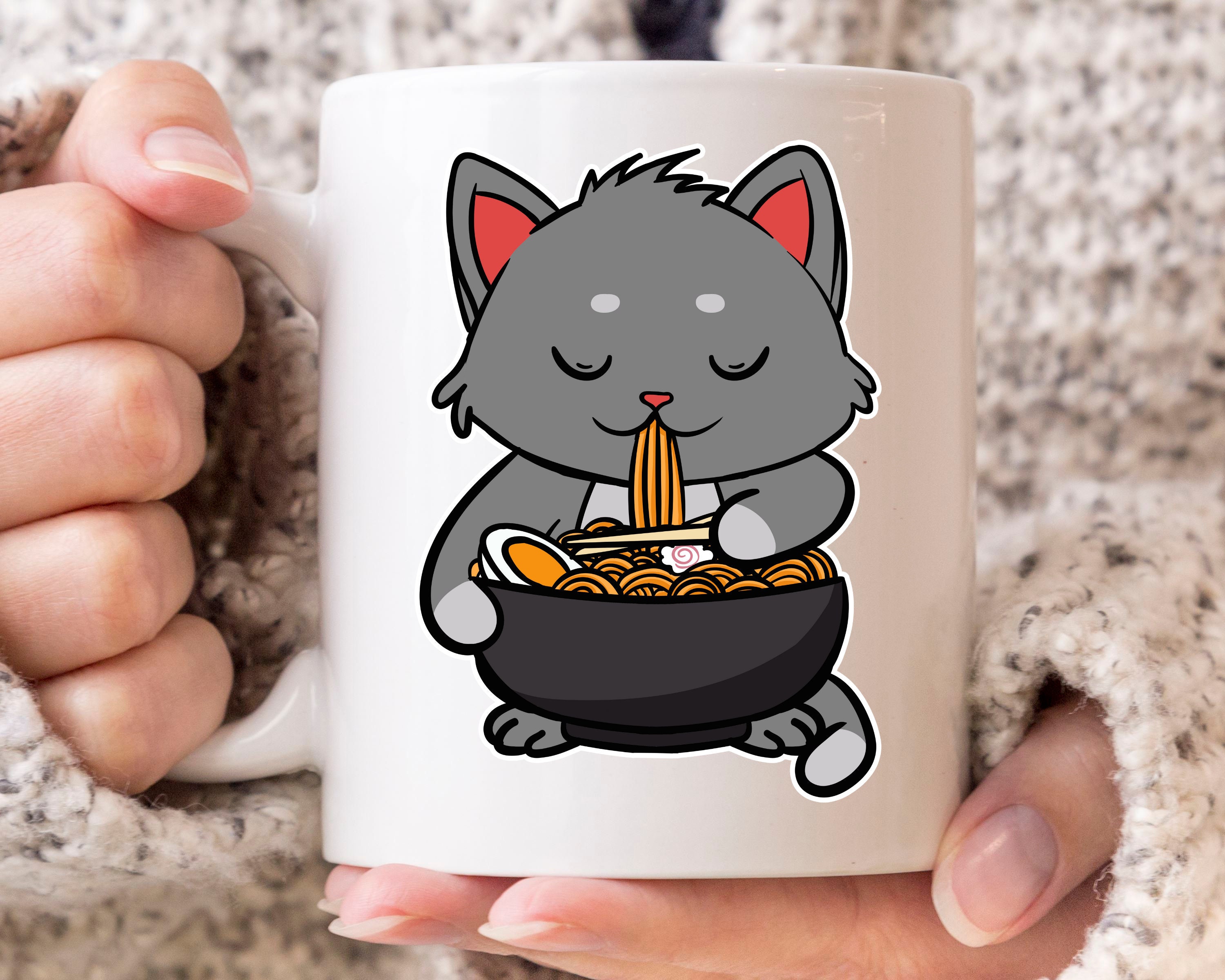 Ramen Cat Mug, Funny Kitten Coffee Cup For Lovers & Owners, Cute Eating Noodle Gift Idea Men Women