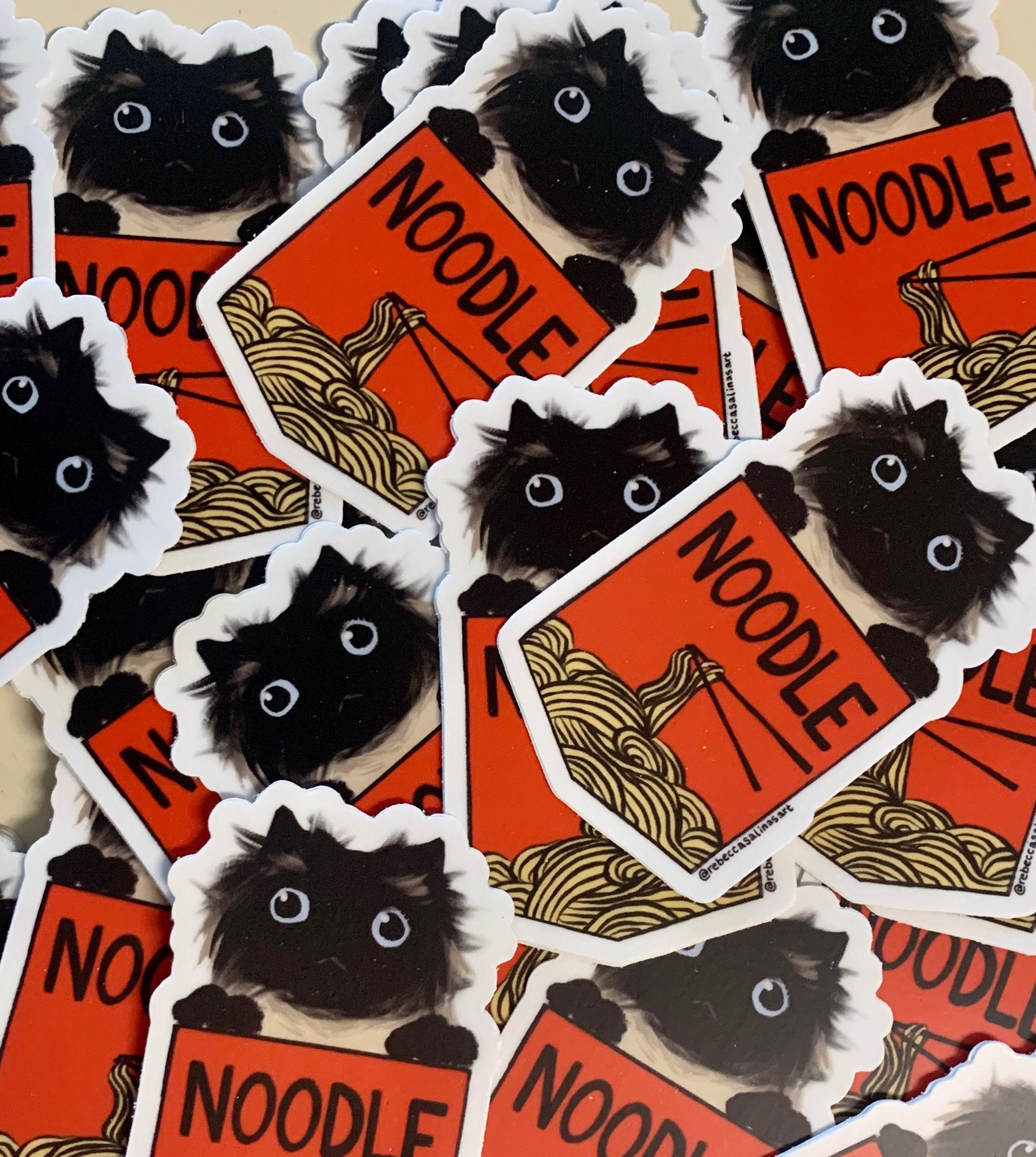 Noodle Cat Sticker, Red Ramen Cup, Noodles, Big Eyes, Existential Crisis Cat, Fluffy Chocolate Point, Friendly Noodles