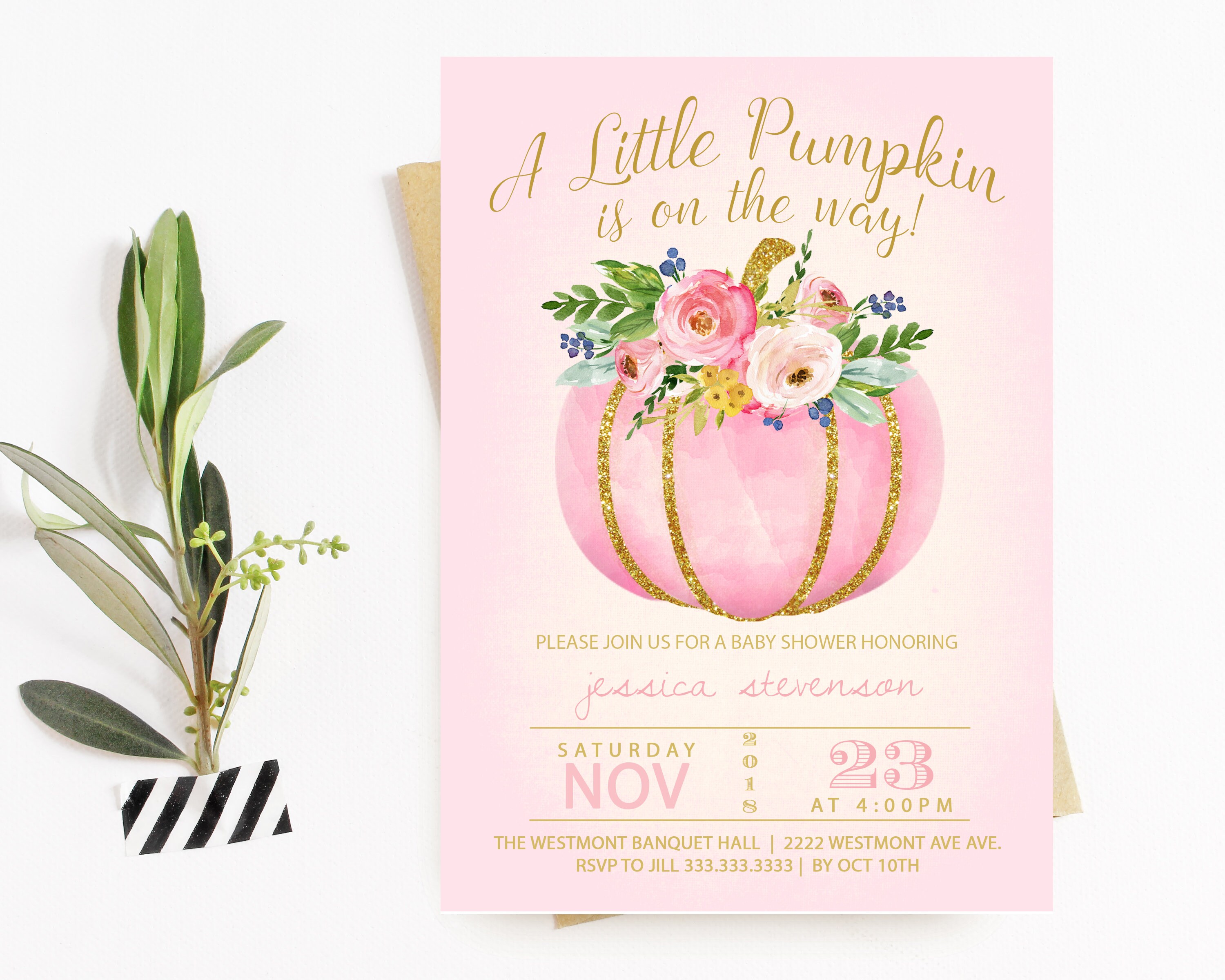 Pumpkin Baby Shower Invitation, Pink Pumpkin Fall Invitation, Pumpkin Little Invitation
