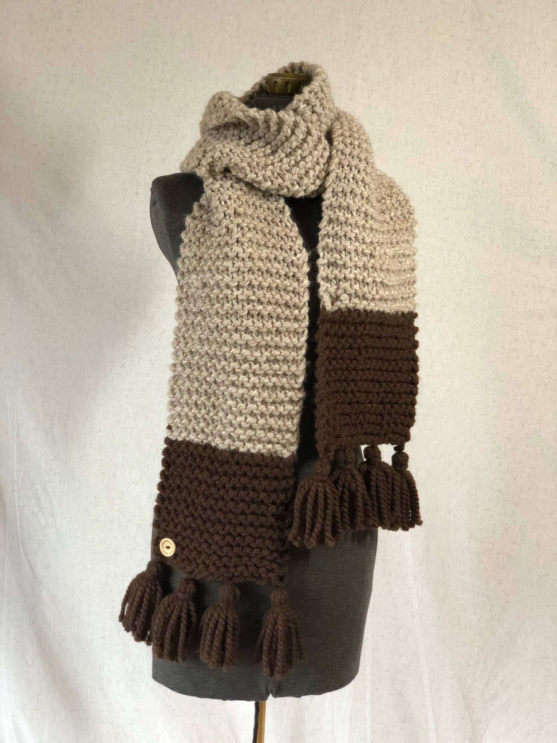 Warm Wool Blend Winter Super Scarf Perfect For Winter Warm, Extra Long With Color Block Detailing . Brown Scarf Tassel