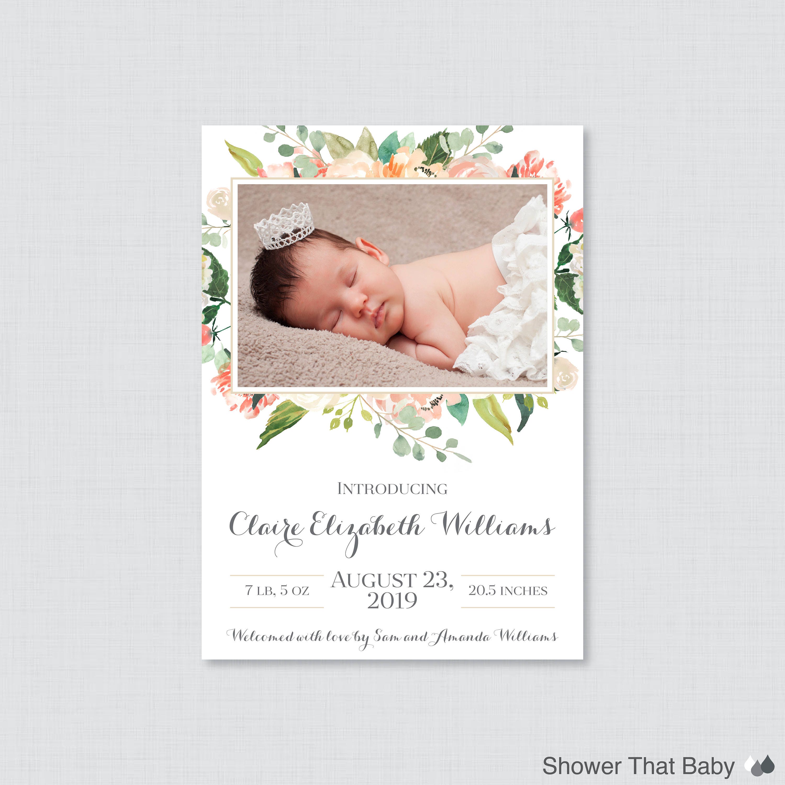 Printable Or Printed Peach Floral Photo Birth Announcement Cards - & Green Flower Baby Girl Announcements, Ba06, 0067