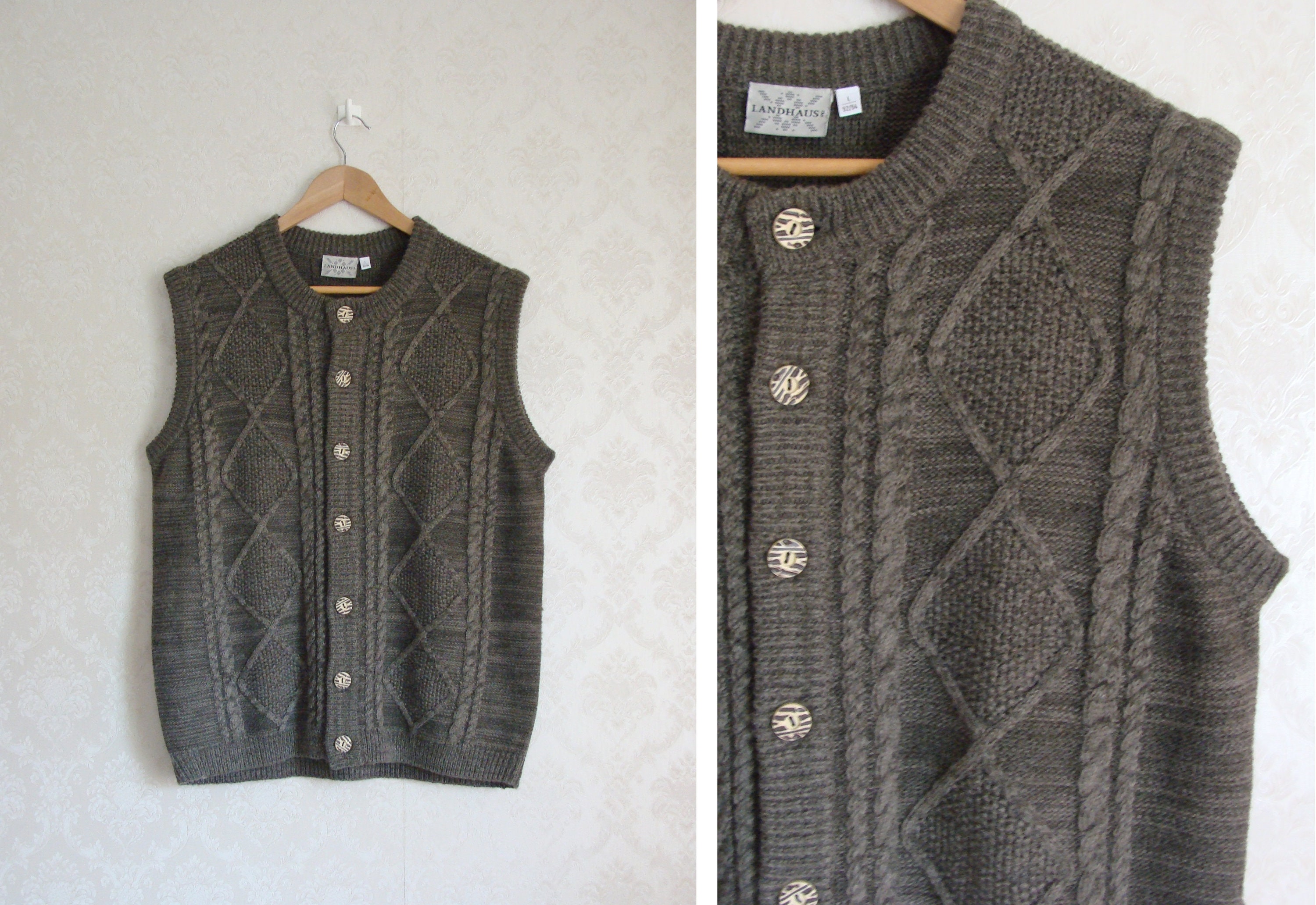 Woven Wool Blend Vest Cardigan, Cable Knit Button Up Vest, Vintage Austrian Landhaus Fisherman Men's Size Large L