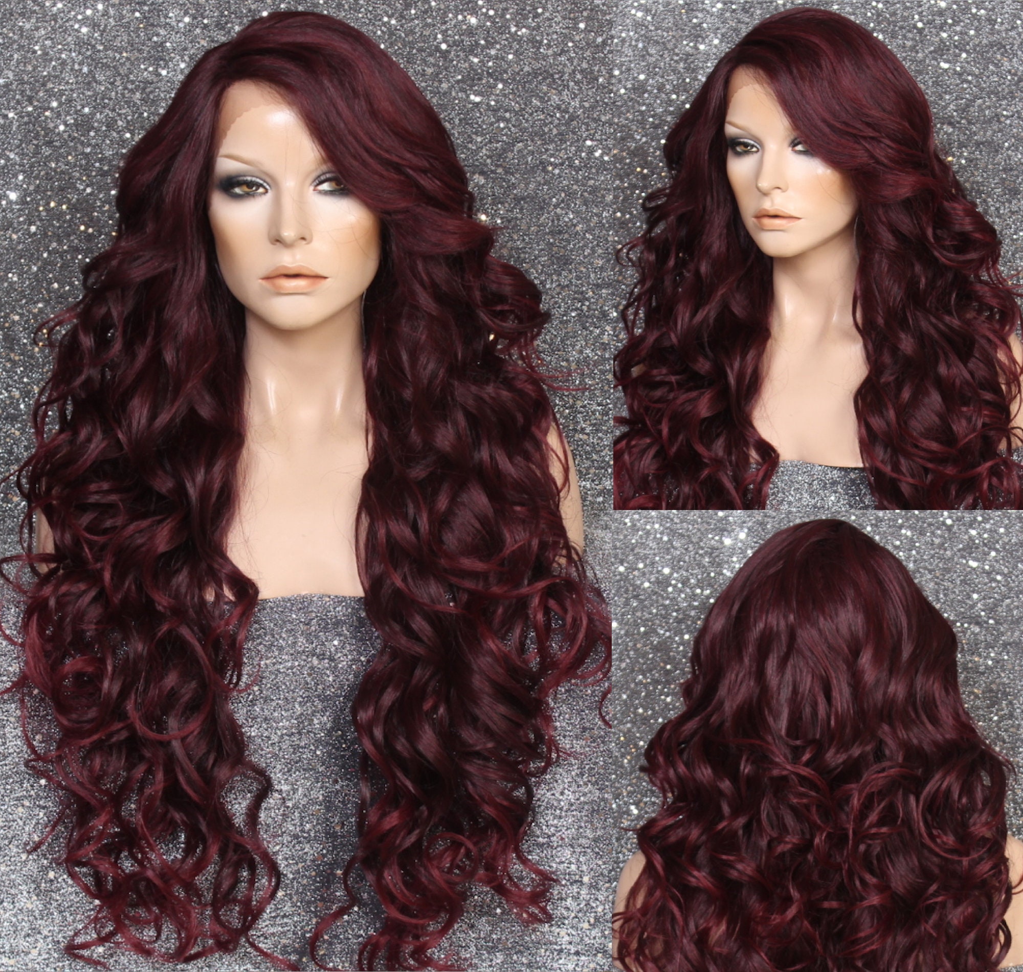 Extra Long Human Hair Blend Lace Front Wig 38 Curly Burgundy Mix Heat Safe Cancer/Alopecia/Theater/Cosplay/Club