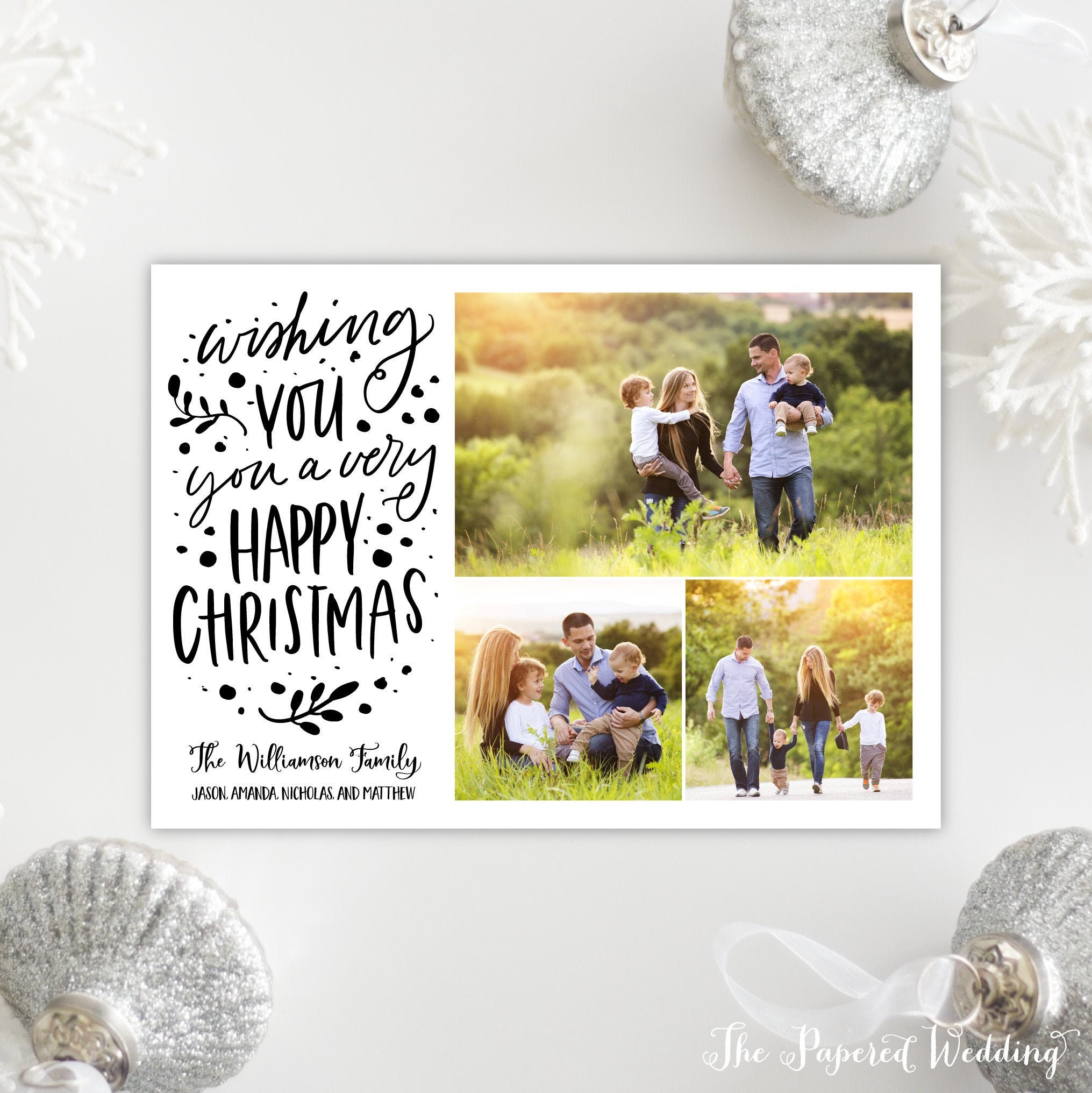 Printable Or Printed Wishing You A Happy Christmas Cards - Custom Color Photo Holiday Card With Three Pictures, Modern 073 P3