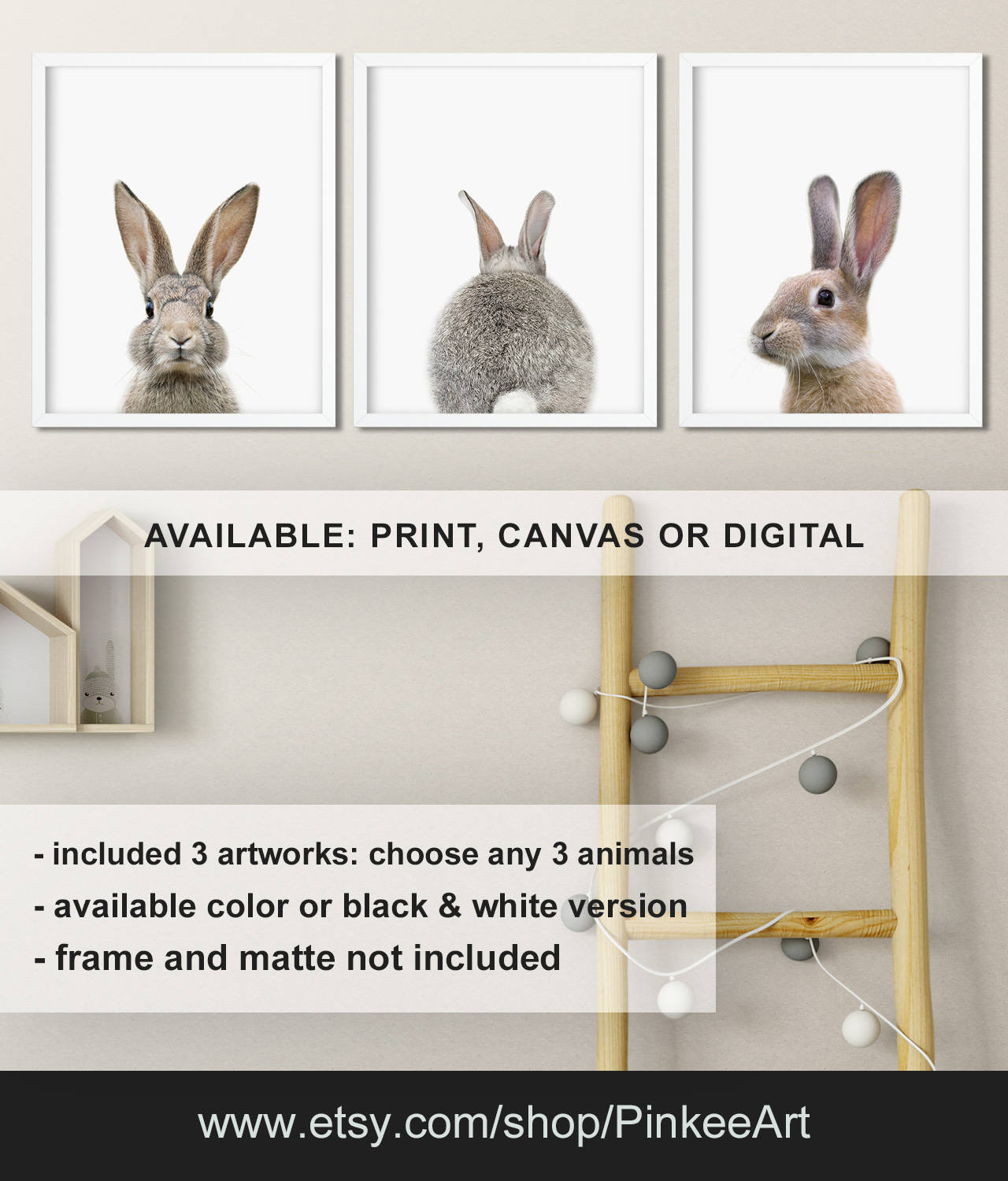 Bunny Nursery Decor, Print, Wall Art, Baby Gifts, Rabbit Peek A Boo Print/Canvas