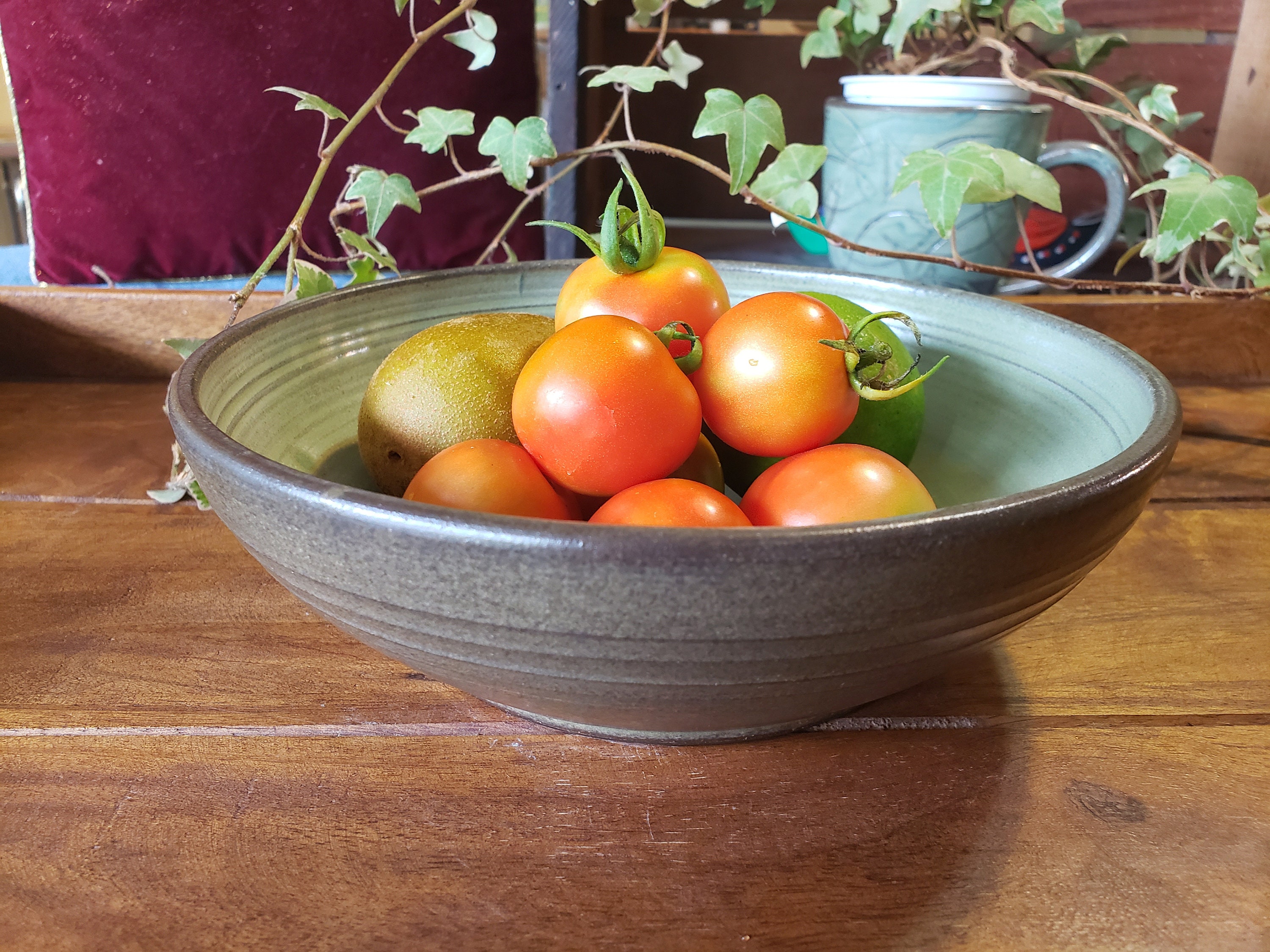 A Set Of 4 Serving Bowls, Wheel Thrown Rustic & Earthy Olive Green Pasta/Salad/Noodle Soup Side Dish Bowls