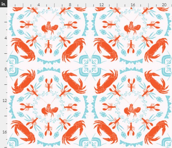 Organic Cotton Nautical Mandala - Orange White Turquoise One Curtain Panel Sea Fishing, Lobster, Crab, Seafood, Fish, Lobsters, Ocean"