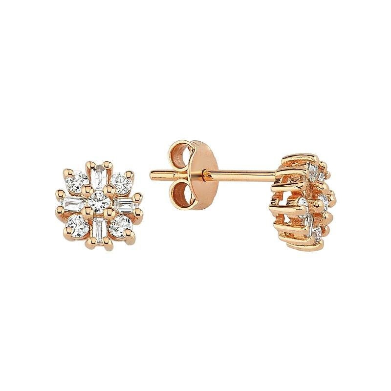 Baguette Diamond Earrings, Flower Stud Gold Multi Stacked Studs, Minimalist Studs