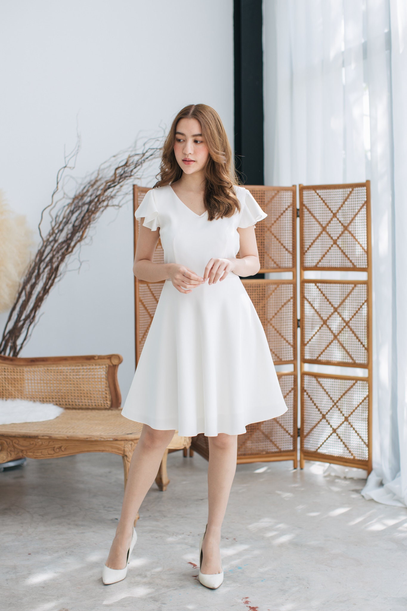 White Party Dress Ruffle Baptist Sleeve Swing Skirt Fit & Flare White Sundress Vintage Inspired Prom Summer -Alita